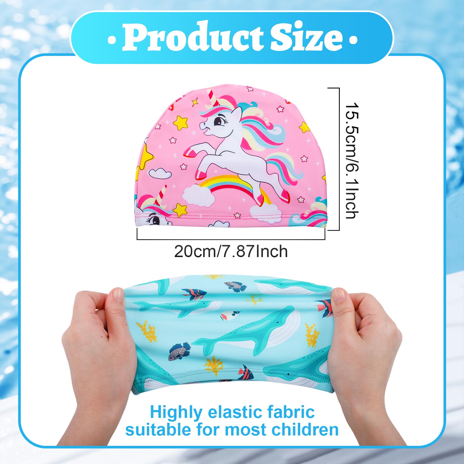 Gabotrie 4 PCS Kids Swim Caps, Cloth Fabric Swimming Caps, Cute Children's Swim Bathing Cap for Long and Short Hair, Swimming Hat Pool Cap for Kids Boys Girls(Whale,Owl,Unicorn,Dinosau)