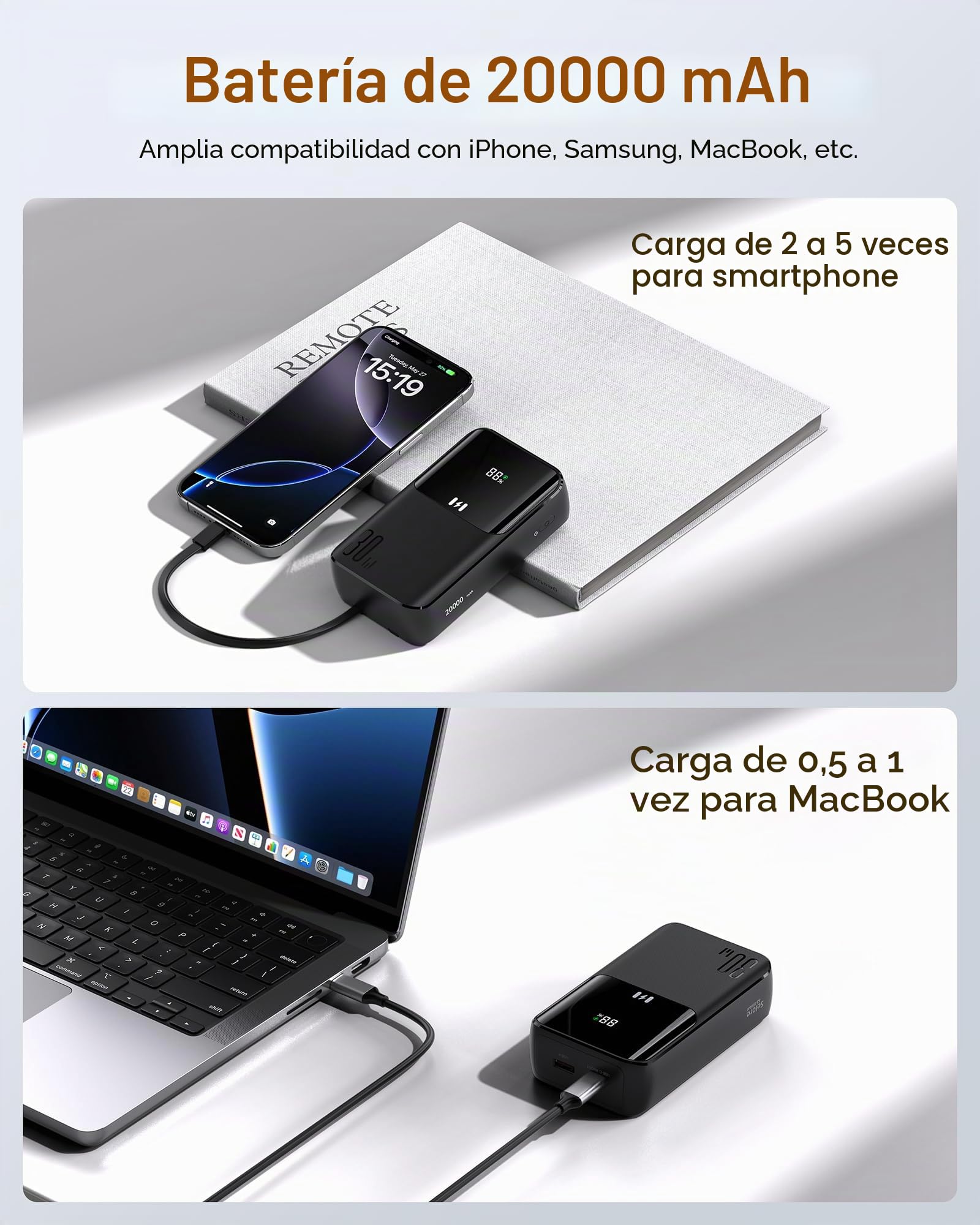 Selore&S-Global Power Bank, 20000mAh 30W Bateria Externa Carga Rapida, Cargador Portátil con Cable Integrado, 4 Outputs, USB C Powerbank Compatible con iPhone 17 16 15 14 13 Samsung iPad MacBook Air