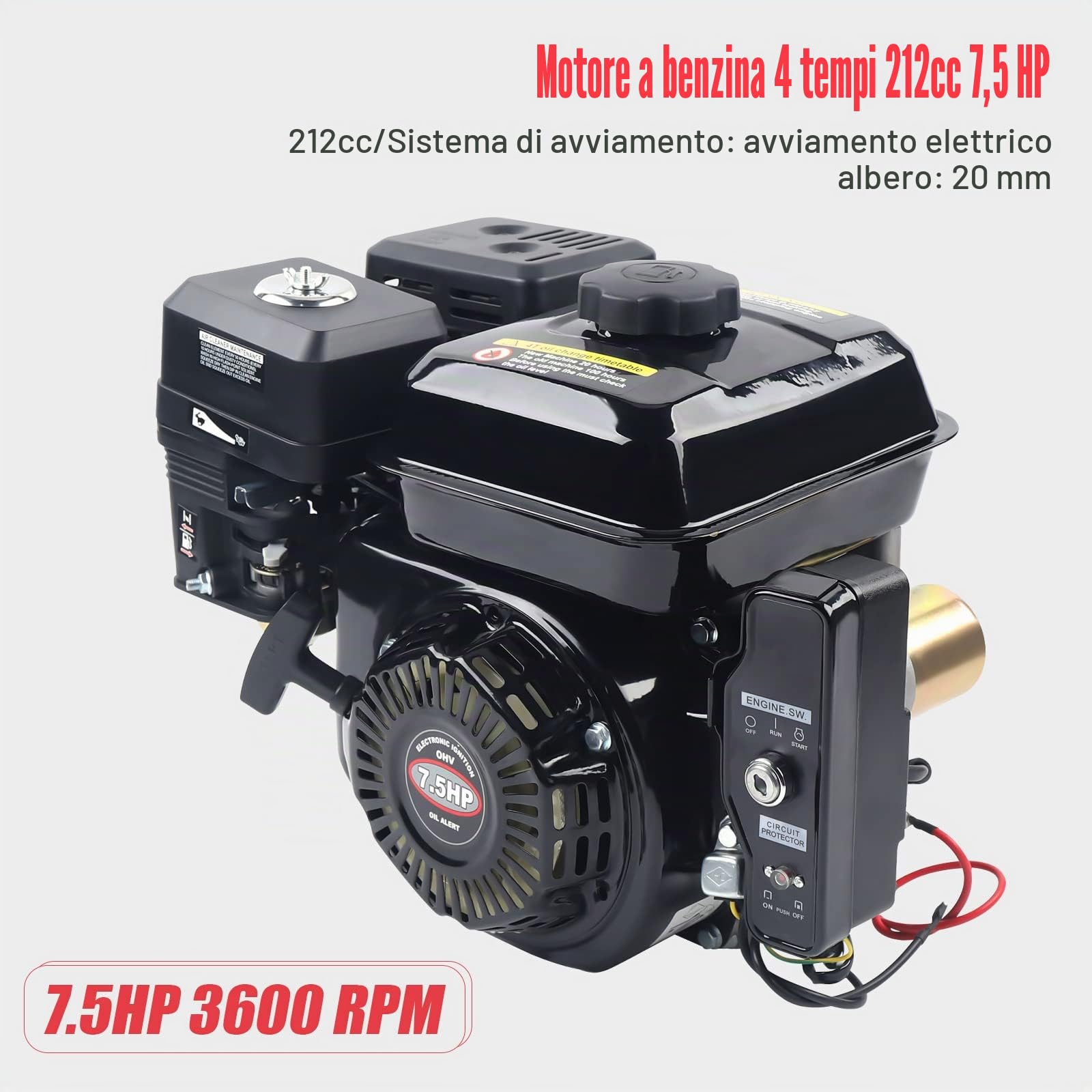Motore a benzina 4 Tempi 7,5 CV, elettrico Motore Kart 3600 RPM Raffreddamento ad aria Motore Industriale per Compressori Generatori Betoniere