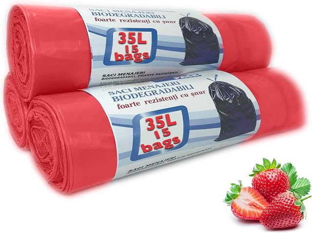 Strawberry Scented Bin Bags 30L 35 litre, Very Strong, Set 3 Rolls Counts 45 bags , Bin Liners with Drawstring 100% Recycled Trash Bags for Kitchen, Office