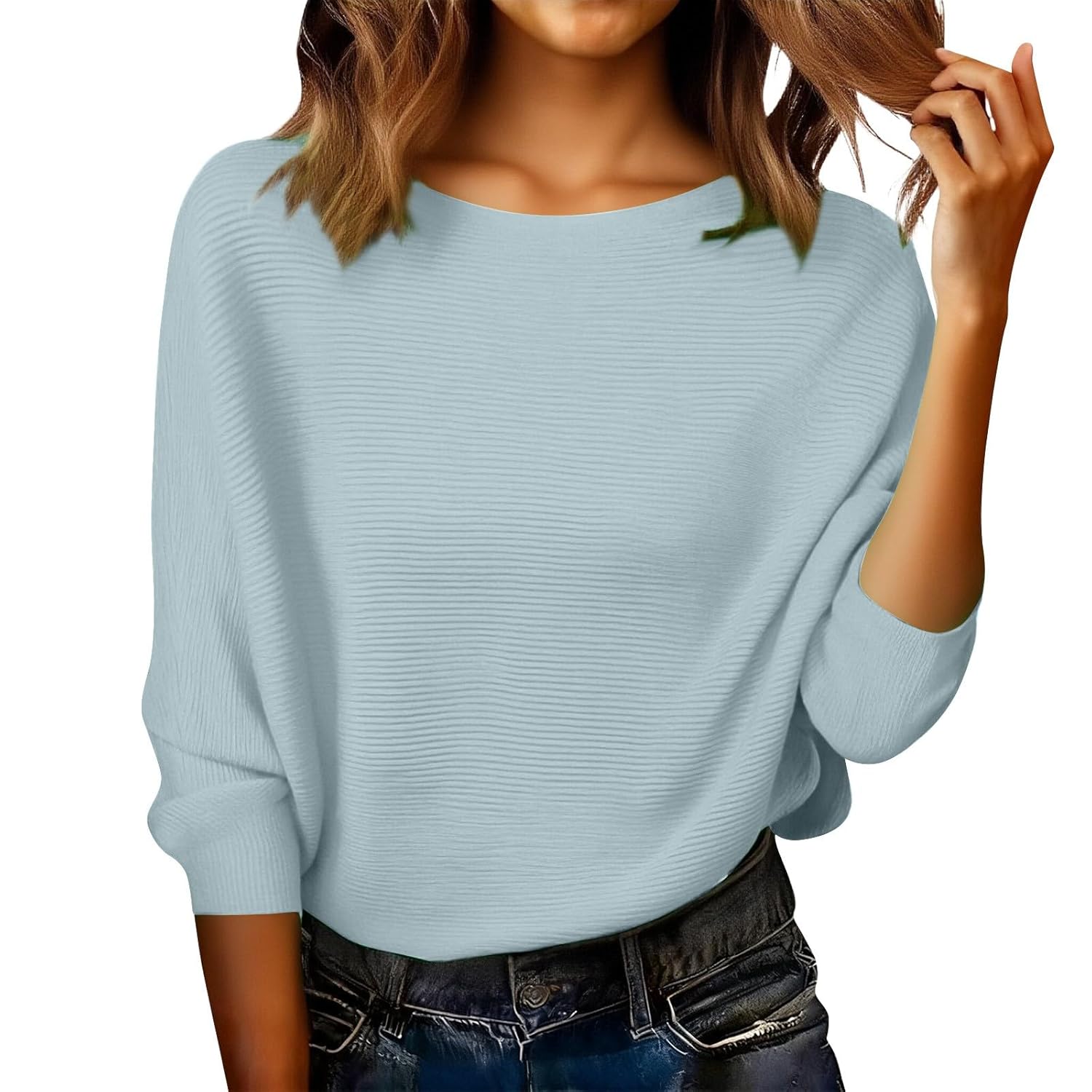 Cozy Sweaters for Women 2025 Lightweight Oversized Batwing Sleeves Boat Neck Sweaters Tops Ribbed Knitted Pullovers