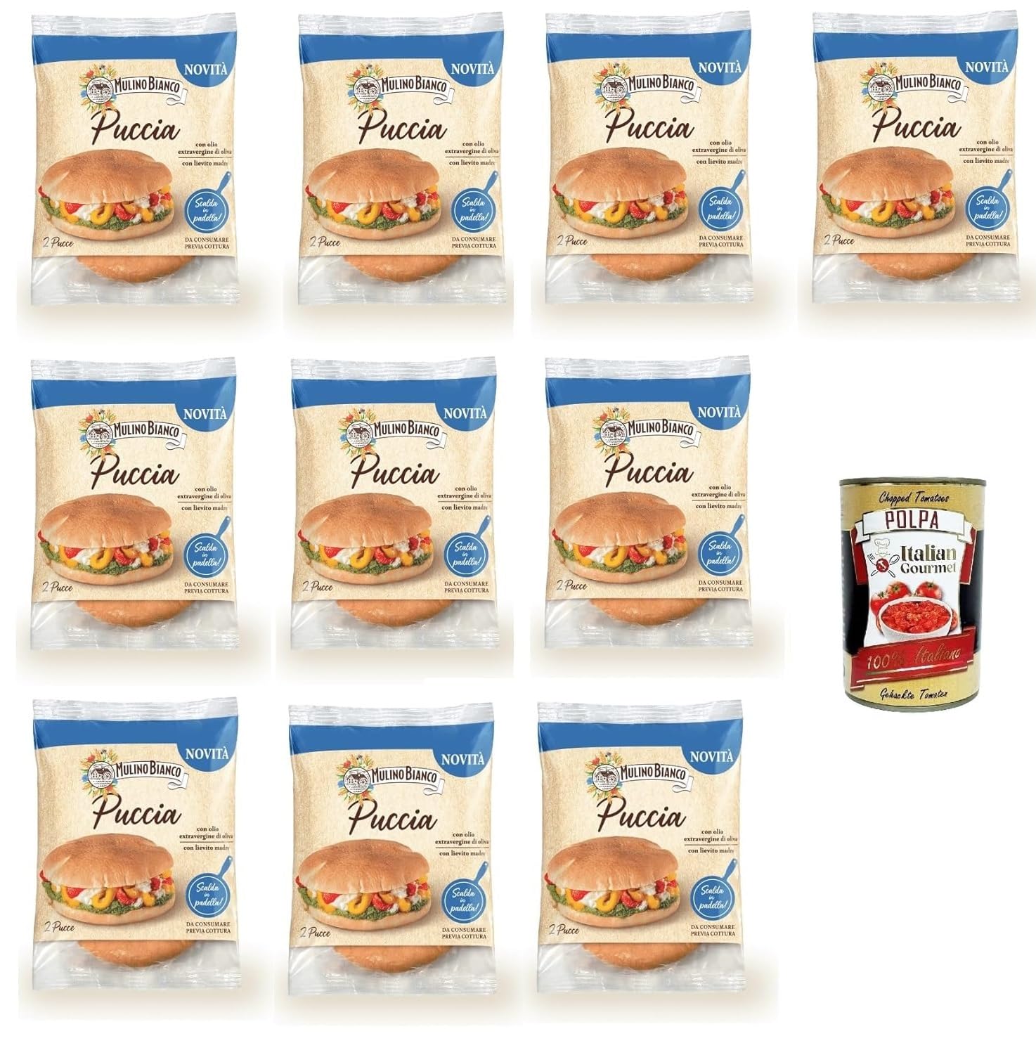Mulino Bianco Puccia, brot panini mit nativem Olivenöl extra und Sauerteig, bread 10x 200gr + Italian Gourmet polpa 400g