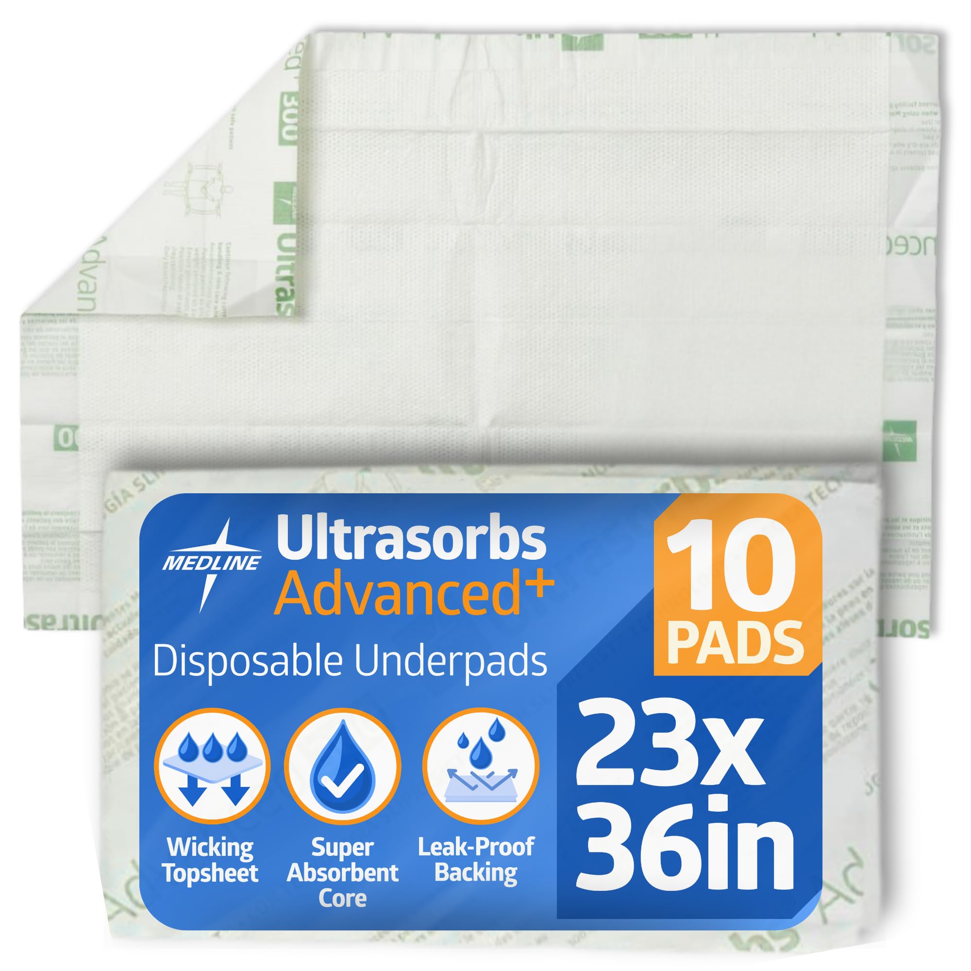 Medline Ultrasorbs Advanced+ Premium Underpads with Polymer for Superior Leak Protection, 300 lb Weight Capacity, 23x36 Inches, 10 Count