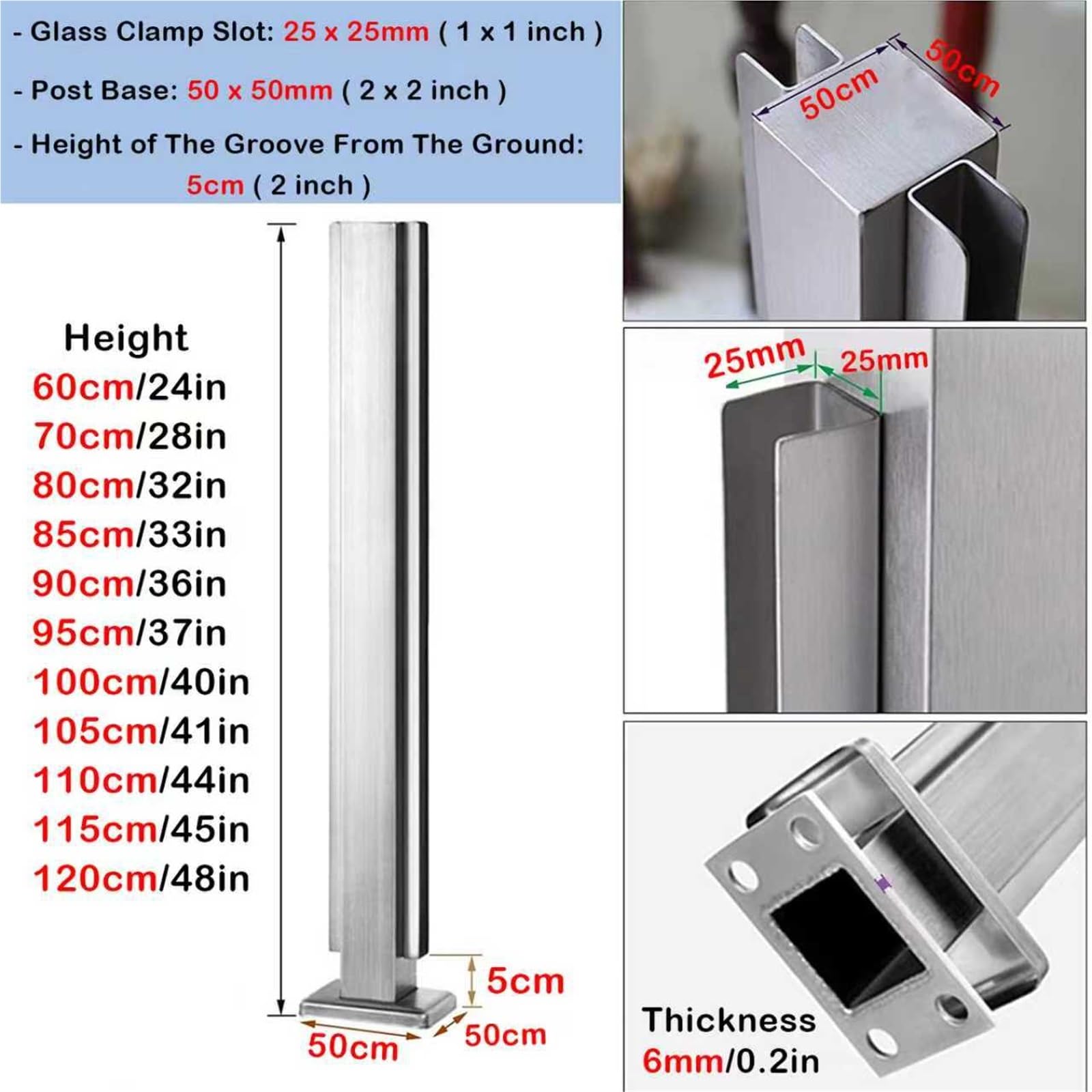 Poteau de clôture en verre de 100 cm - Fixation robuste pour garde-corps intérieur et extérieur, idéale pour terrasses et porches. Colonne de balustrade élégante, solution de clôture en verr