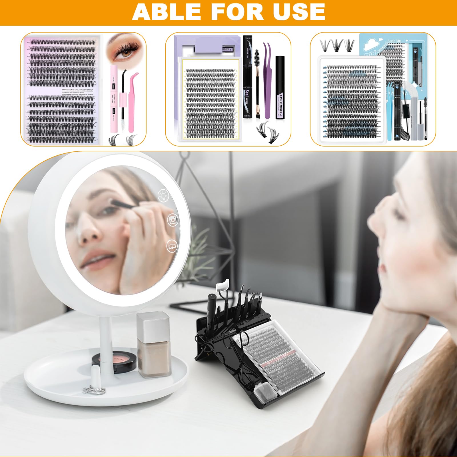 Beautyflier Kit d'extension de cils plateau de rangement pour greffage d'extensions de cils, support d'outils d'extension de cils, organisateur de maquillage, support de palette de colle pour faux