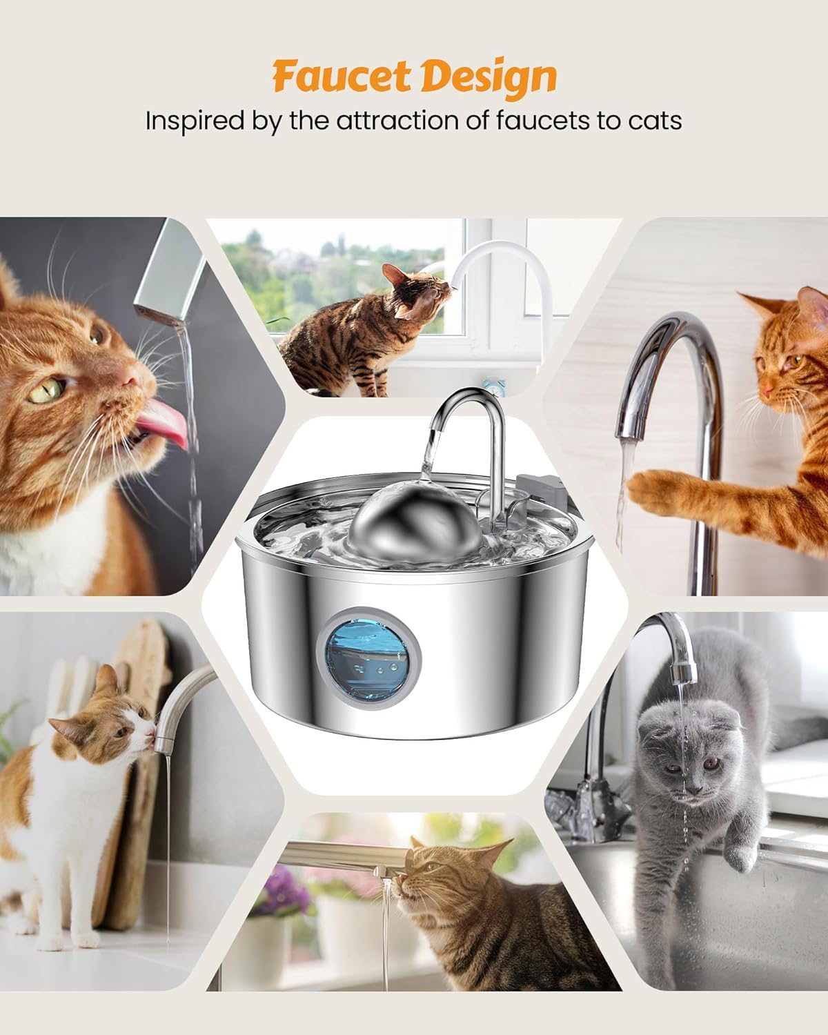 AONBOY Fuente de agua para gatos con 16 filtros, 3,2 L, acero inoxidable, incluye 8 filtros de carbono y 8 filtros de esponja, fuente de agua para perros en forma de grifo, diseño de reducción de