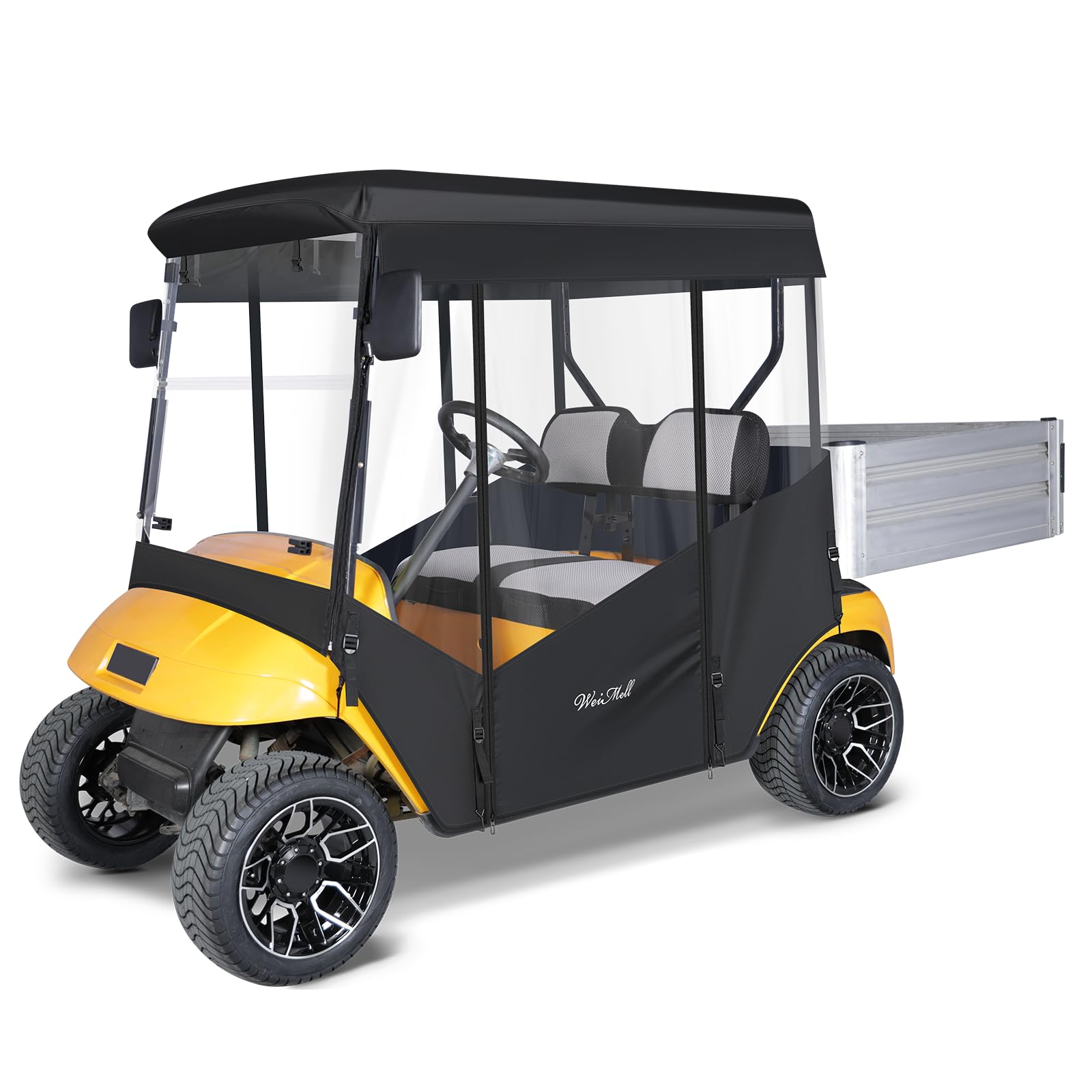 WEIMELL Golf Cart Enclosure 2 Passenger for EZGO TXT 2-Seater with Cargo Box Waterproof Transparent Driving Rain Cover with 4-Sided Clear Windows Roll-up Door Black