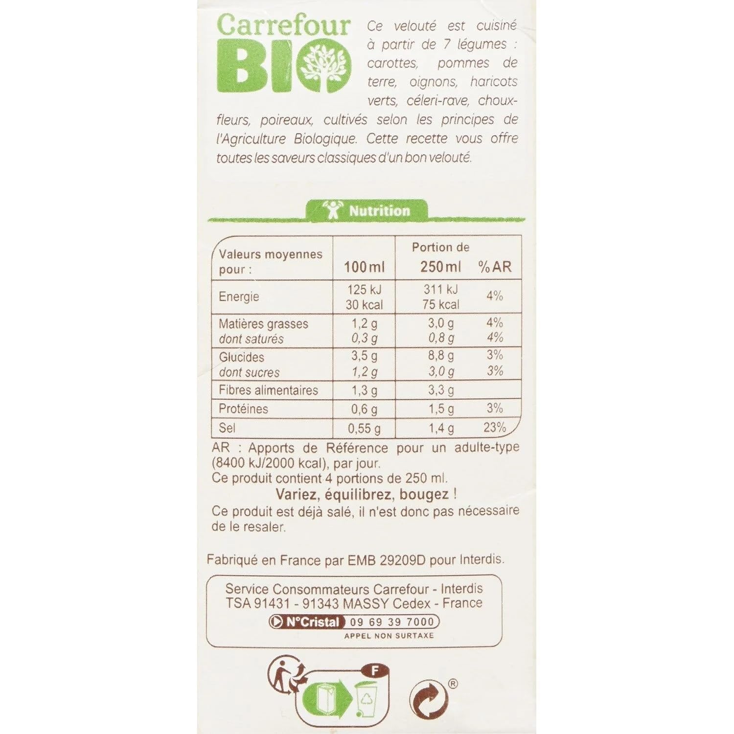 CARREFOUR BIO - Soupe Velouté 7 Légumes Bio - Recette aux Carottes et Pommes de Terre - la brique d'1L - Le Lot De 4
