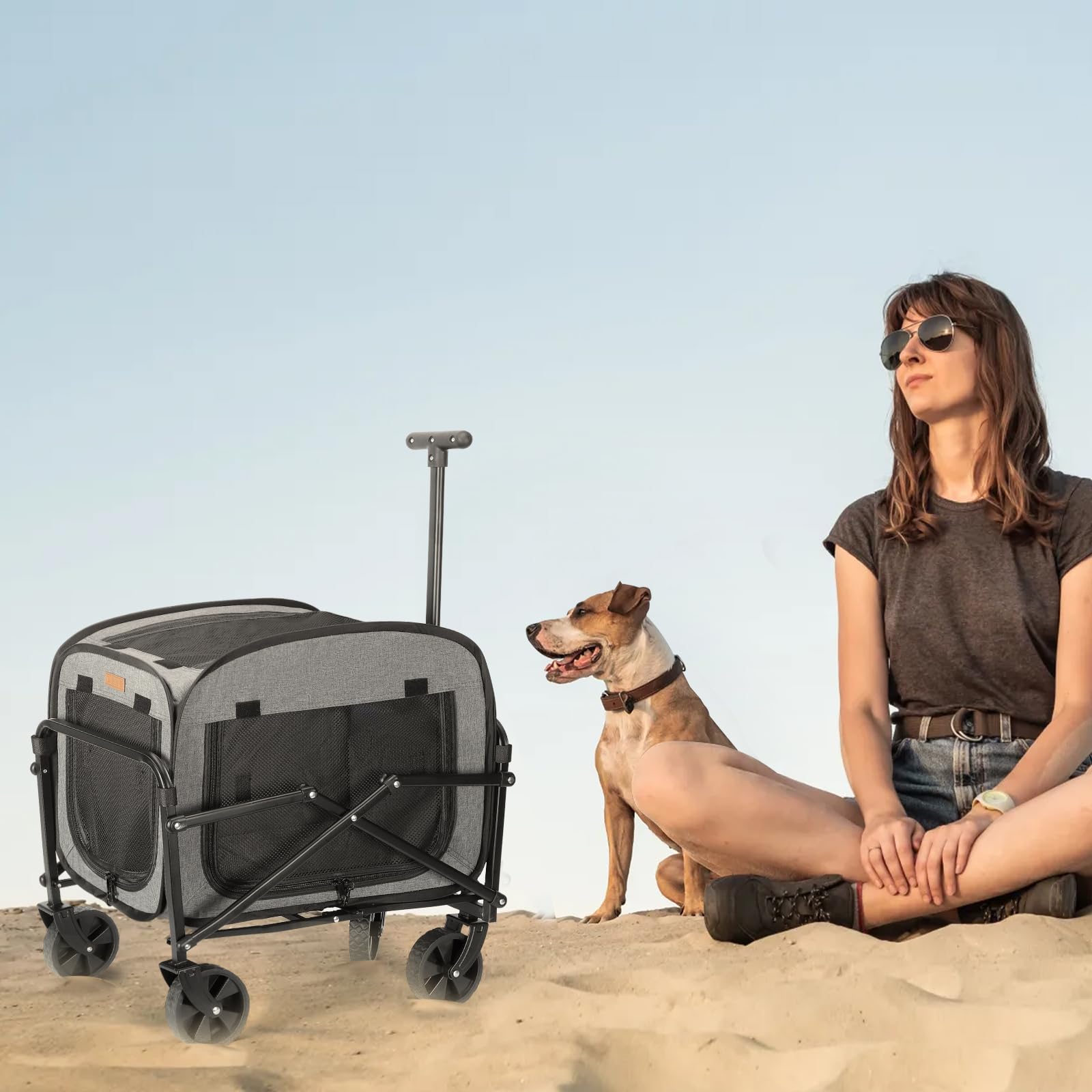 Transportador de perros con ruedas, carrito grande para perros y gatos, 18 kg, carro para mascotas con ruedas grandes todo terreno (gris)