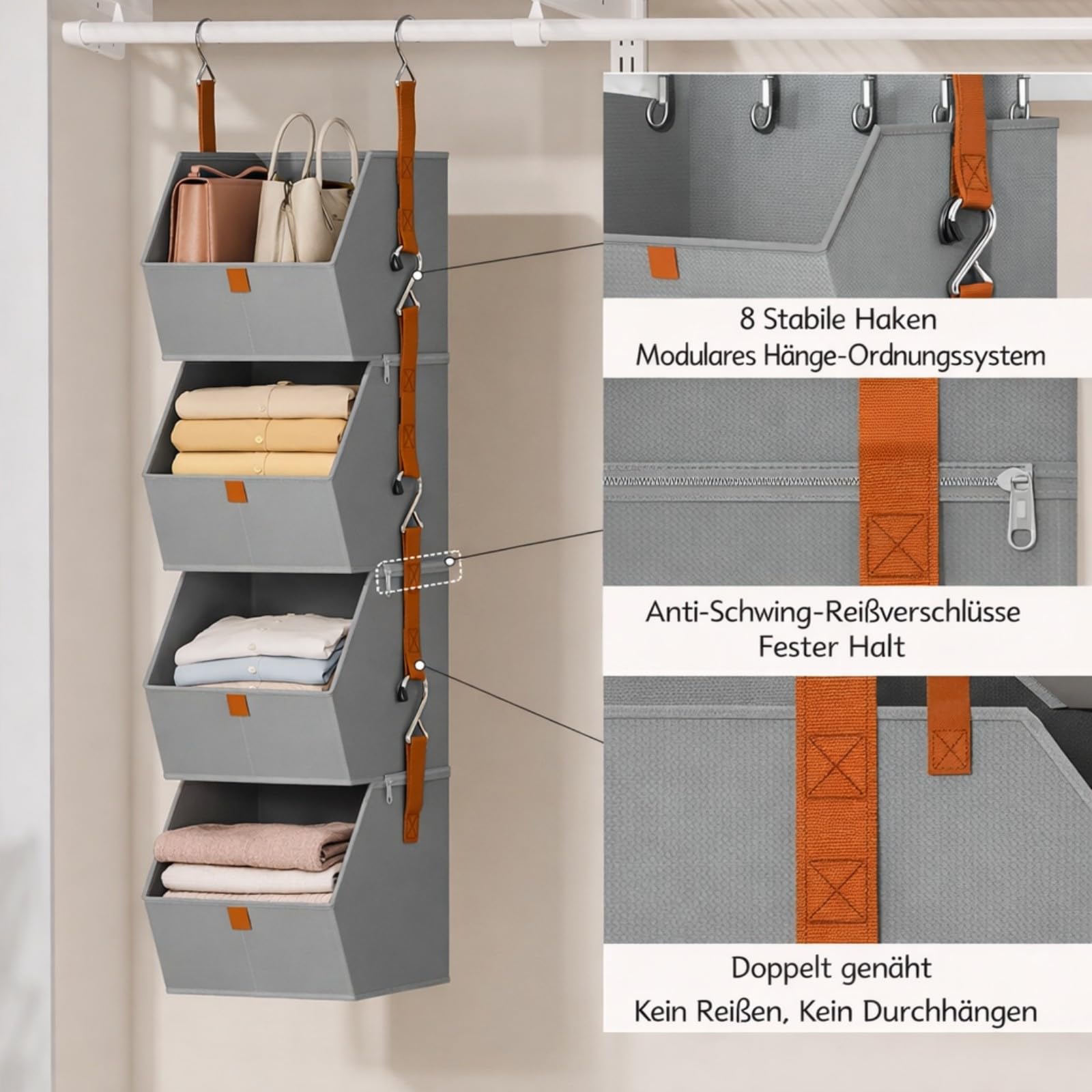 Hängeorganizer Kleiderschrank mit 4 Fächern – Faltbare Hängeaufbewahrung aus Stoff, Abnehmbarer Schrank Organizer mit Metallhaken, Hängeregal für Kleidung, Taschen & Spielzeug (bai)