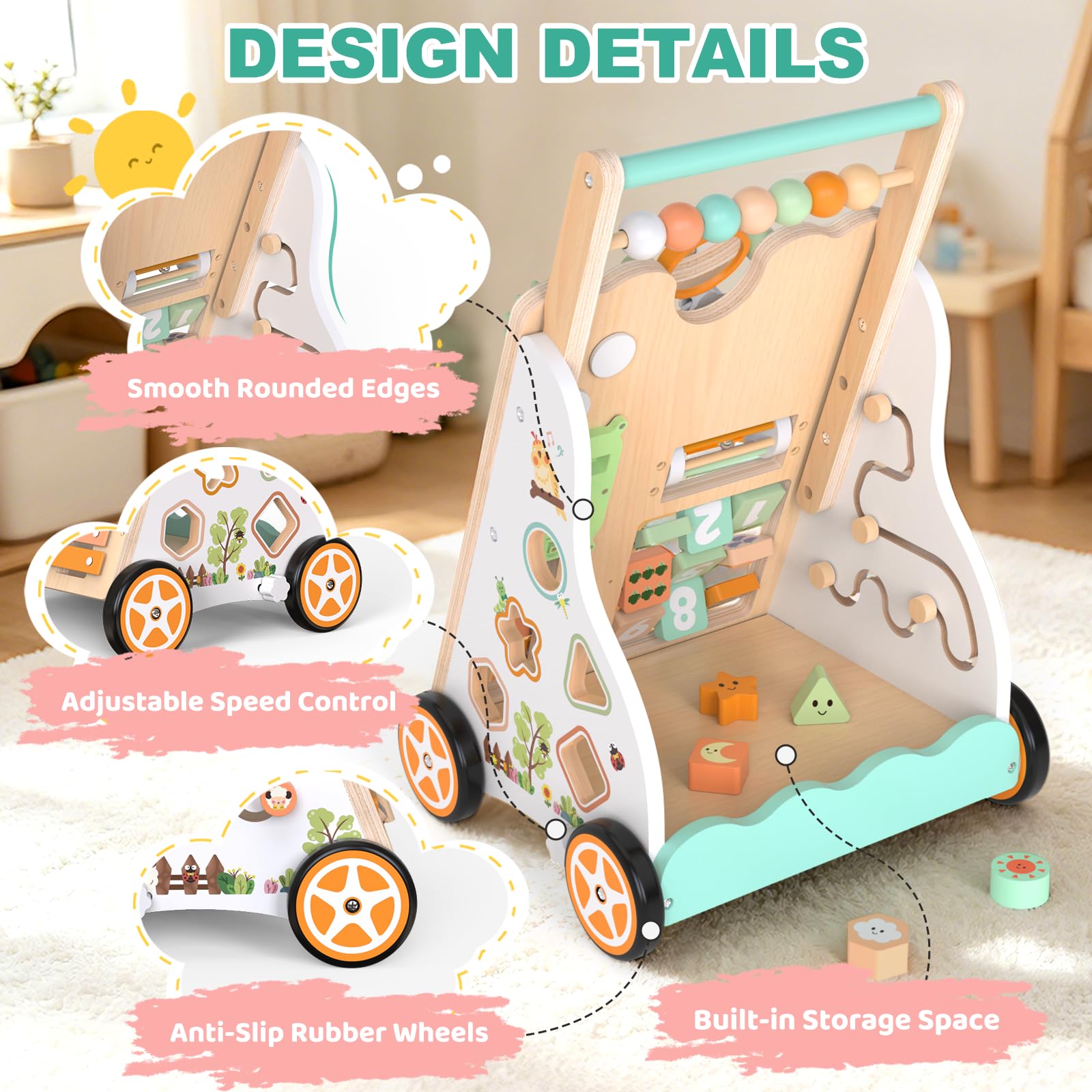 Andador de madera para niños 12+ meses, caminador Montessori con centro de actividades, laberinto de cuentas, clasificador de formas, xilófono y juego de pesca, altura y velocidad ajustables