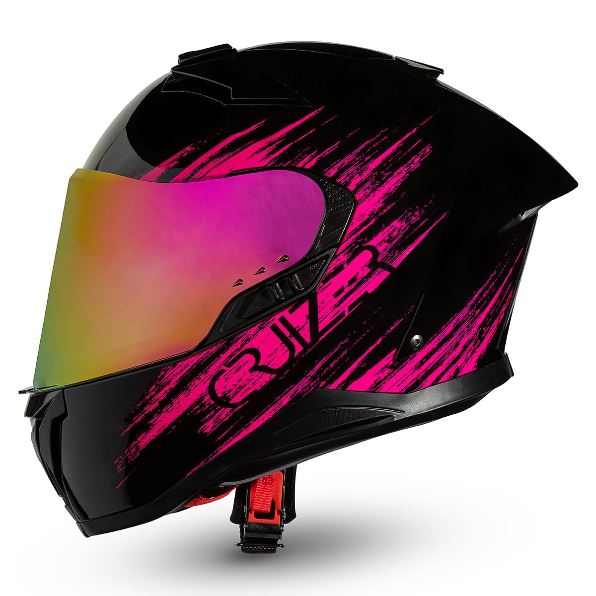 CRUIZER Casco moto Integrale Omologato Nero Fuxia Lucido con visiera trasparente , visiera sole a scomparsa, visiera rosa specchiata