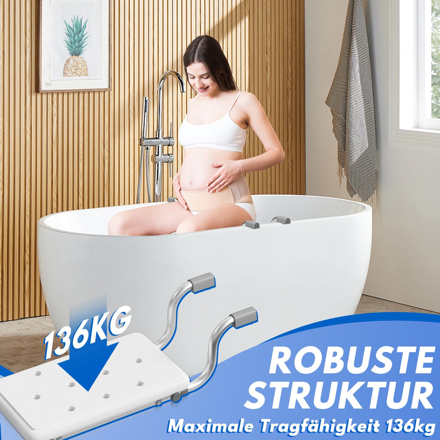 Badewannensitz für Senioren, Ausziehbarer Badewannenbrett mit 136kg Tragkraft, rutschfest Badesitz für Badewanne, Einfach Montage ohne Bohren, Ideal für Behinderte Pflegebedürftige