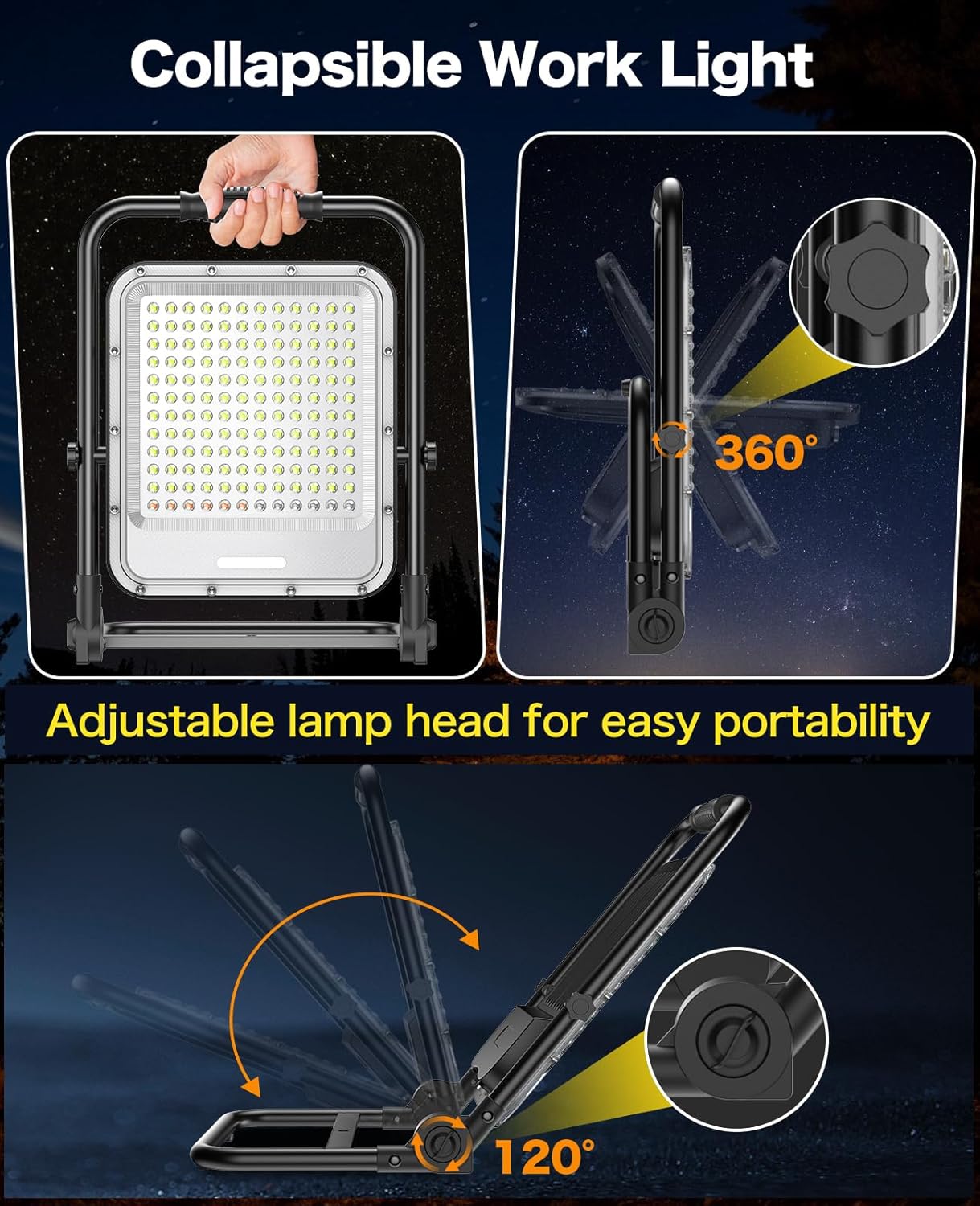 400W Rechargeable LED Work Light with Stand, 42000LM Waterproof Flood Light, 32000mAh Battery, 6500K, 4 Modes Adjustable Job Site Working Lights for Workshop Garage, Construction Site