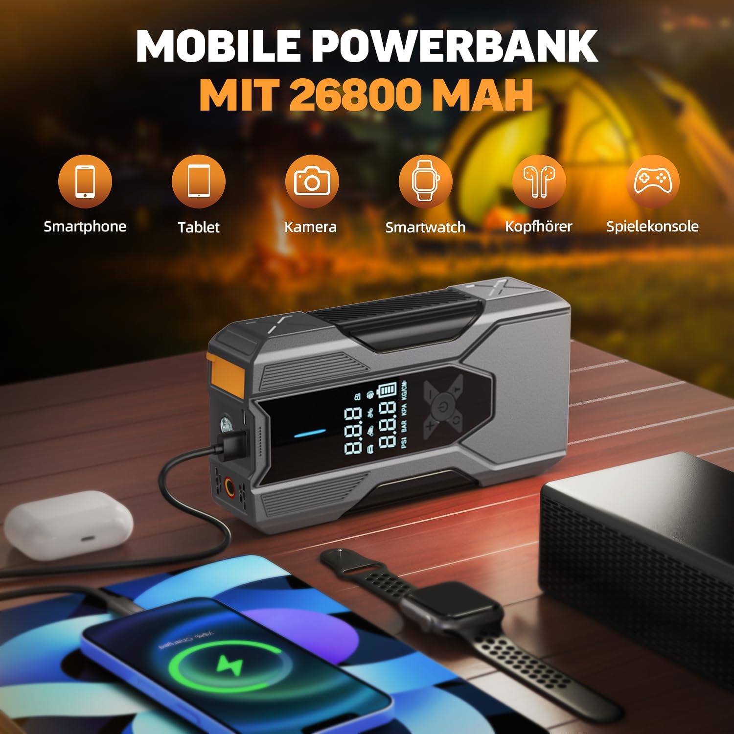 Starthilfe Powerbank für pkw 8000A, Jump Starter Auto mit Kompressor 150PSI, 26800mAh Auto Starthilfe Powerbank für All Benzin und 12.0L Dieselmotor, Autobatterie Ladegerät Eingang/Ausgang
