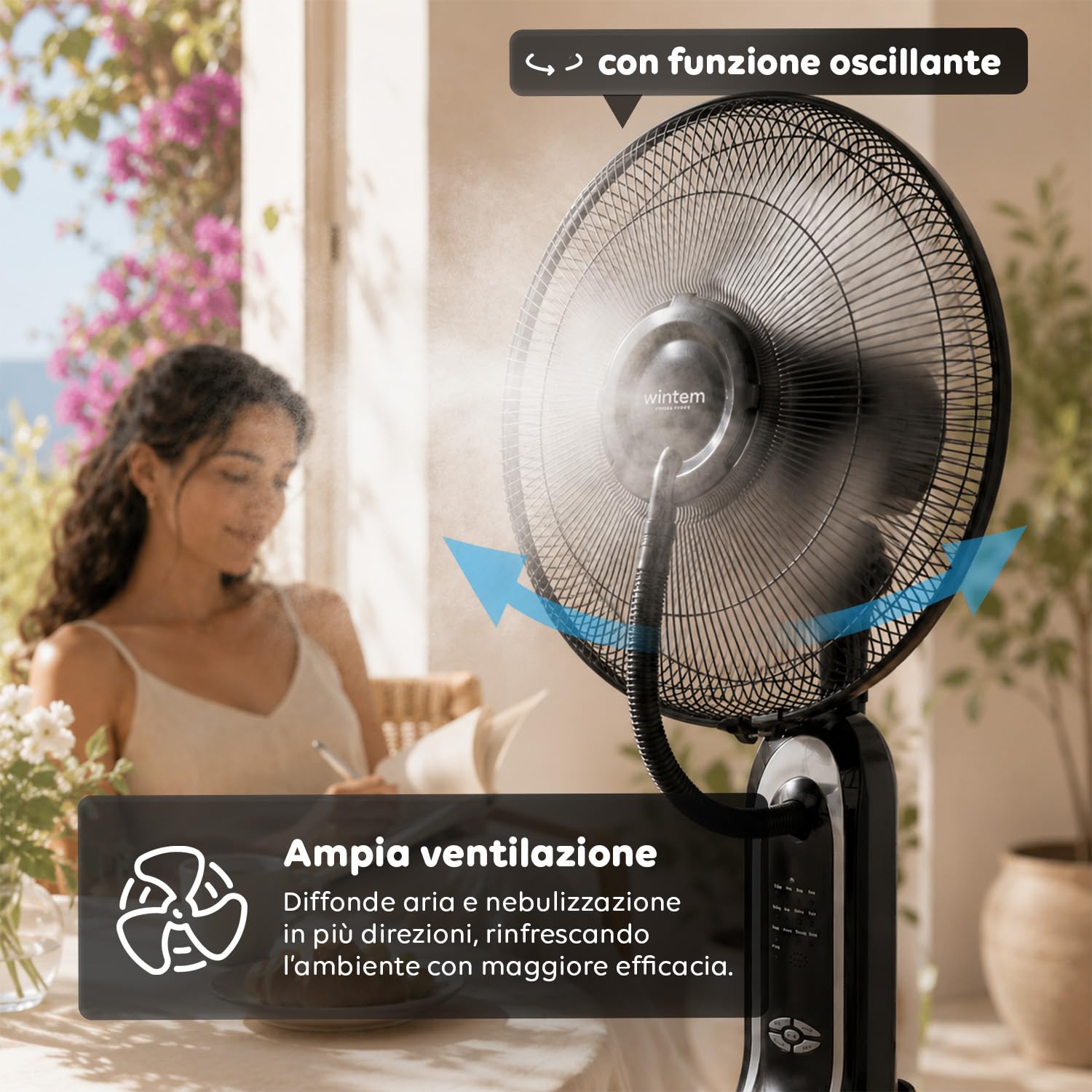 Wintem - Ventilatore a Piantana Silenzioso con Nebulizzatore e Telecomando – Serbatoio 3,2L, 8h Nebulizzazione – 3 Velocità, 3 Modalità Brezza, Oscillante, Timer 7,5h – 75W, Pale 40 cm