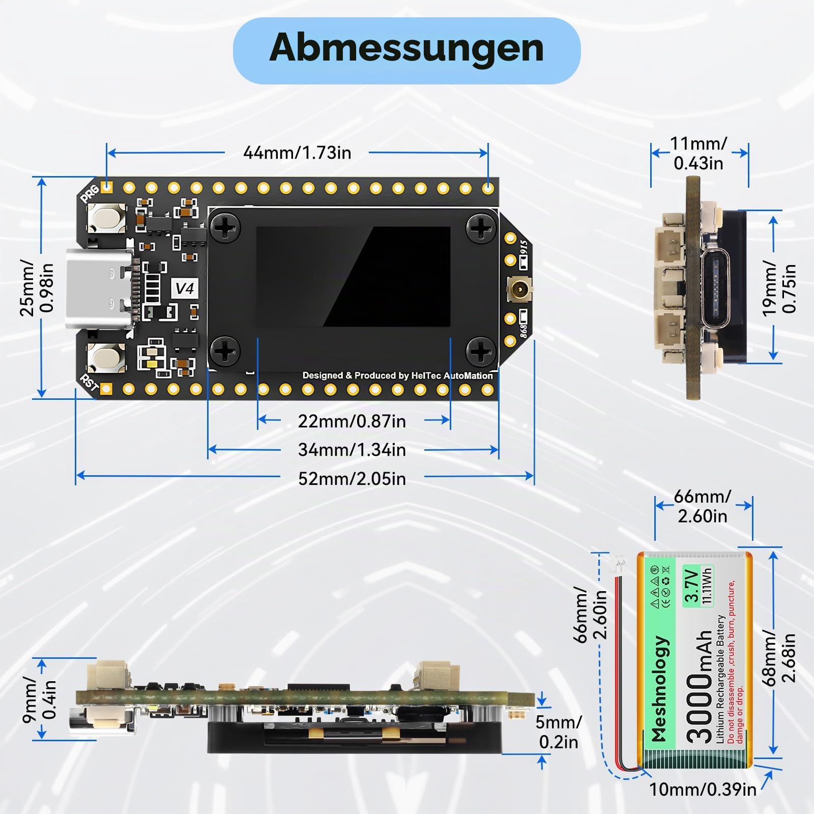 ESP32 LoRa V4 Dev Board + 3000-mAh-Akku, verbessertes ESP32-S3 LoRa WLAN Bluetooth 2 MB PSRAM 16 MB Flash 863-928 MHz Antennen OLED Unterstützt GPS und Solar für Arduino Meshtastic LoRaWAN