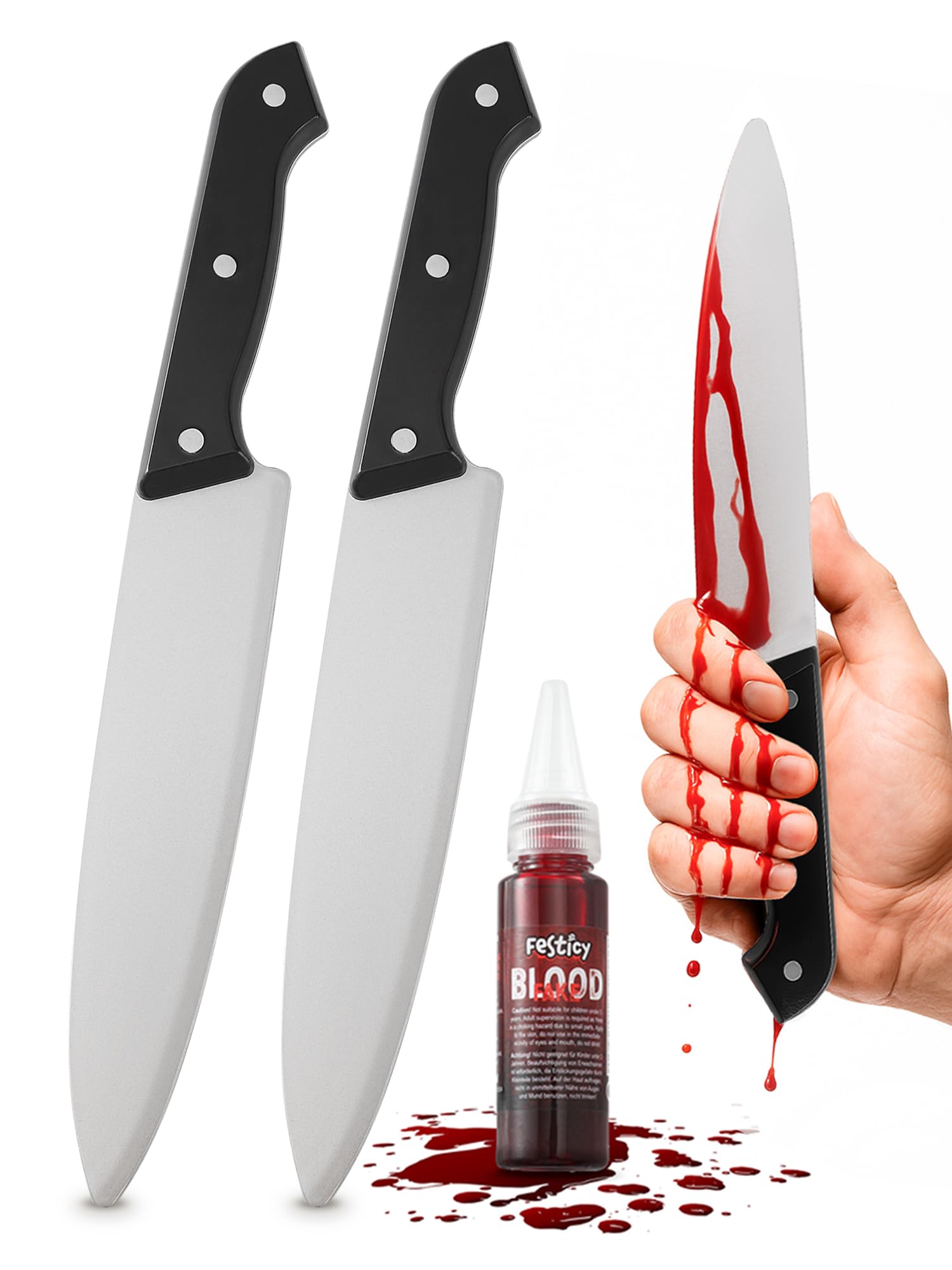 Festicy Fałszywy nóż 2-częściowy zestaw I Fake Knife z tworzywa sztucznego o pojemności 25 ml sztucznej krwi I plastikowy nóż na Halloween jako nóż Scream, nóż Ghostface, nóż Michael Myers