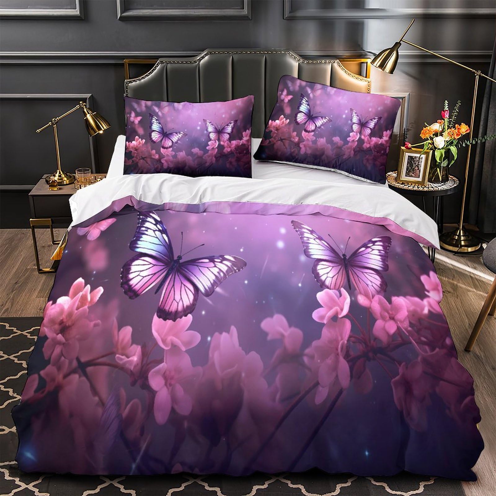 Parure de lit microfibre hypoallergénique et housse de couette papillons violets 3D