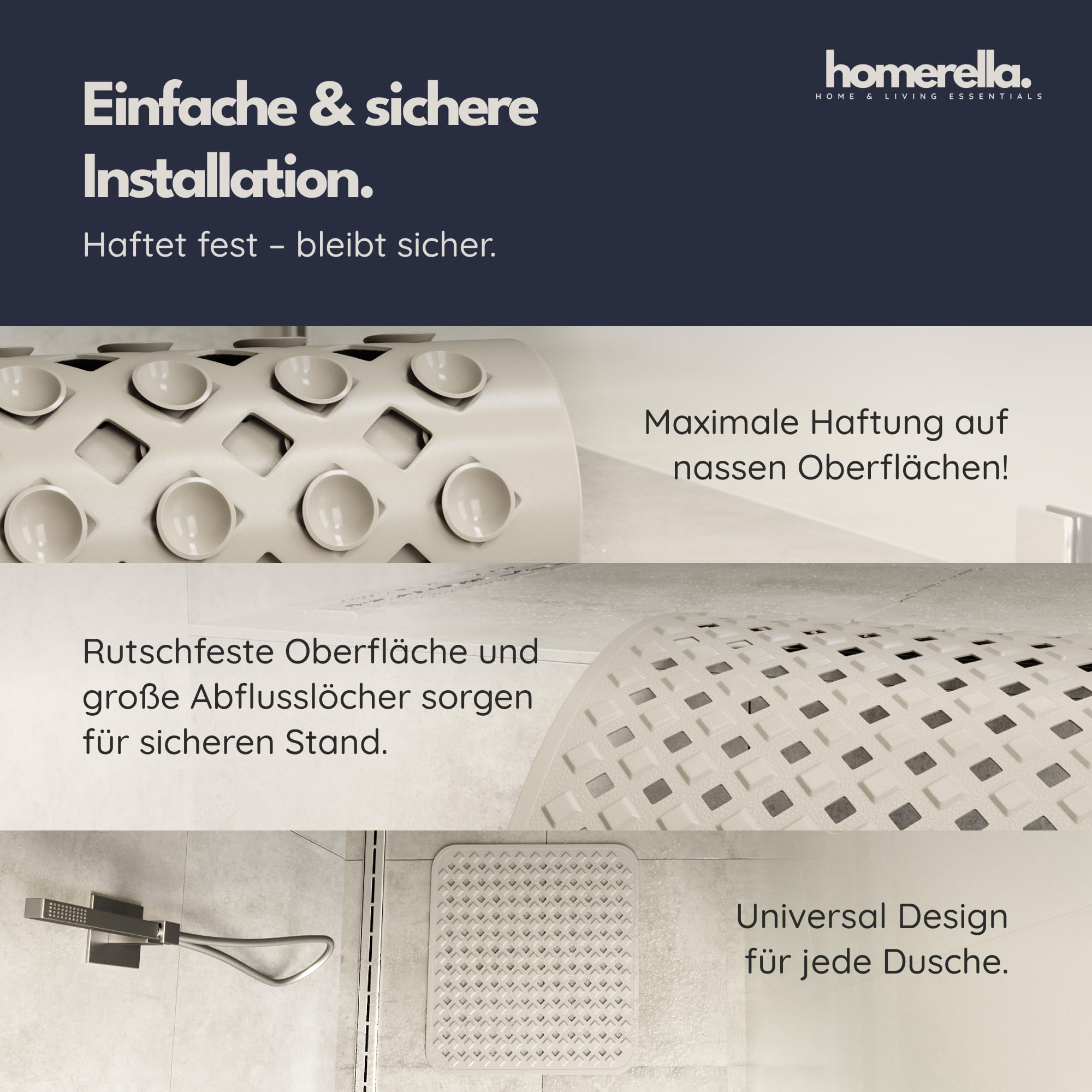 homerella® Shower Mat Non Slip Anti Mould 53 x 53 cm, INCL. Hooks for Drying Bath Mat Non Slip Anti Mould - Image 4