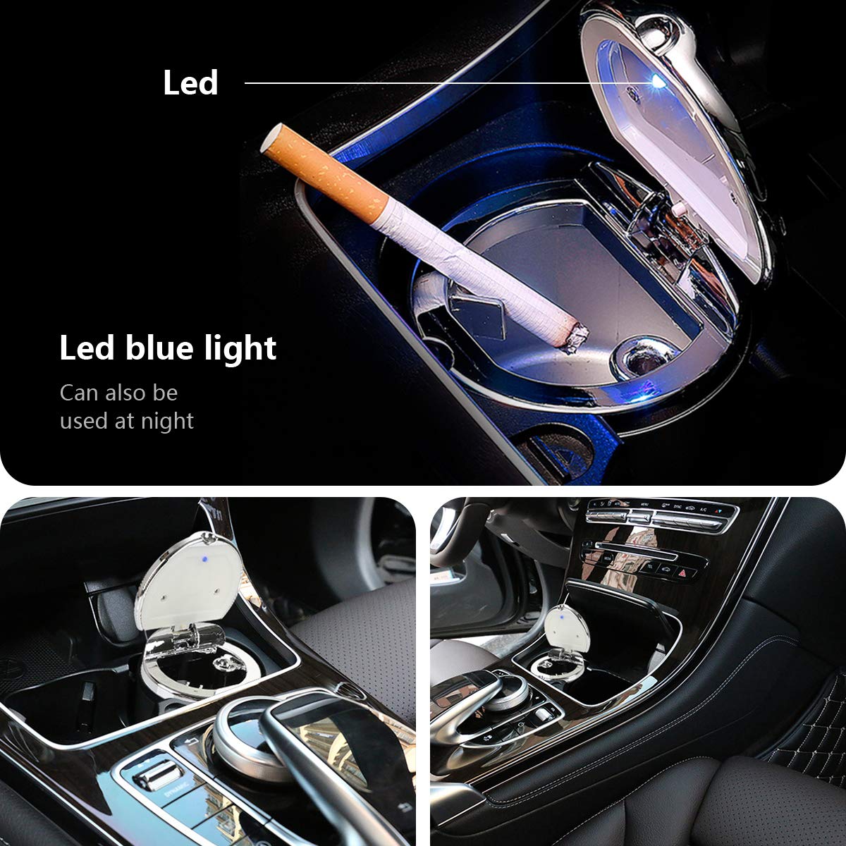 Wayin Posacenere per auto portatile in acciaio inox con coperchio e luce a LED nero