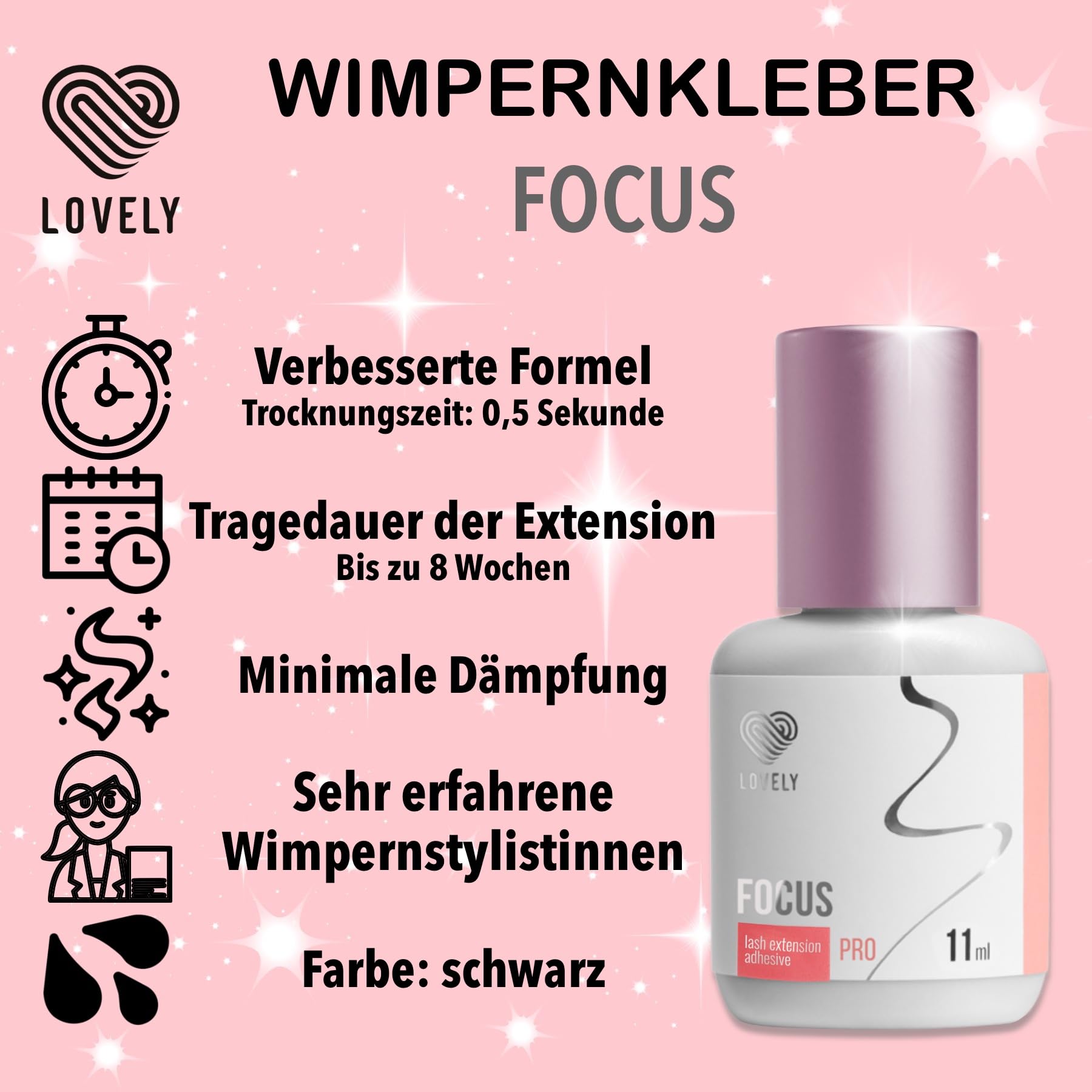 LOVELY Klej do rzęs FOCUS (11ml, kolor: BLACK) błyskawiczny klej, czas schnięcia: 0,5 sekundy, przyczepność 8 tygodni, trwały, do profesjonalnego przedłużania rzęs, Extension Glue