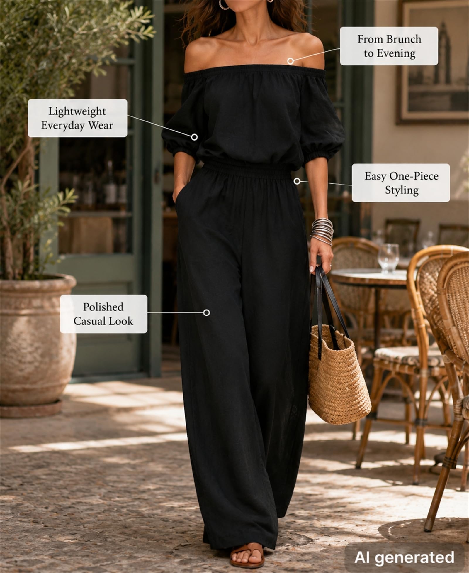 Camicetta da donna in due pezzi con spalle scoperte e pantaloni a gamba
