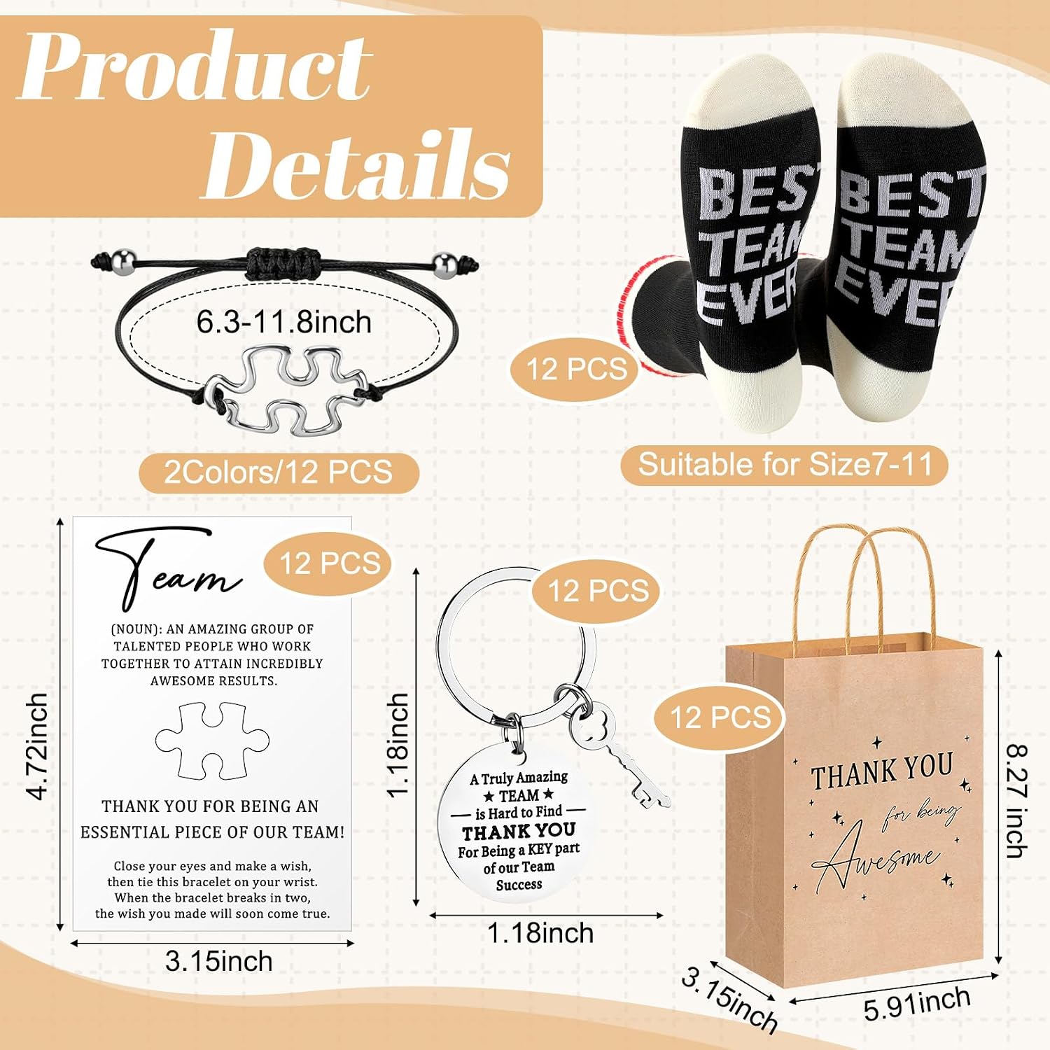 Glitopper Best Team Ever Gift Employee Socks Puzzle Piece Bracelet Keychain with Thank You Card Staff Appreciation Gifts Bulk