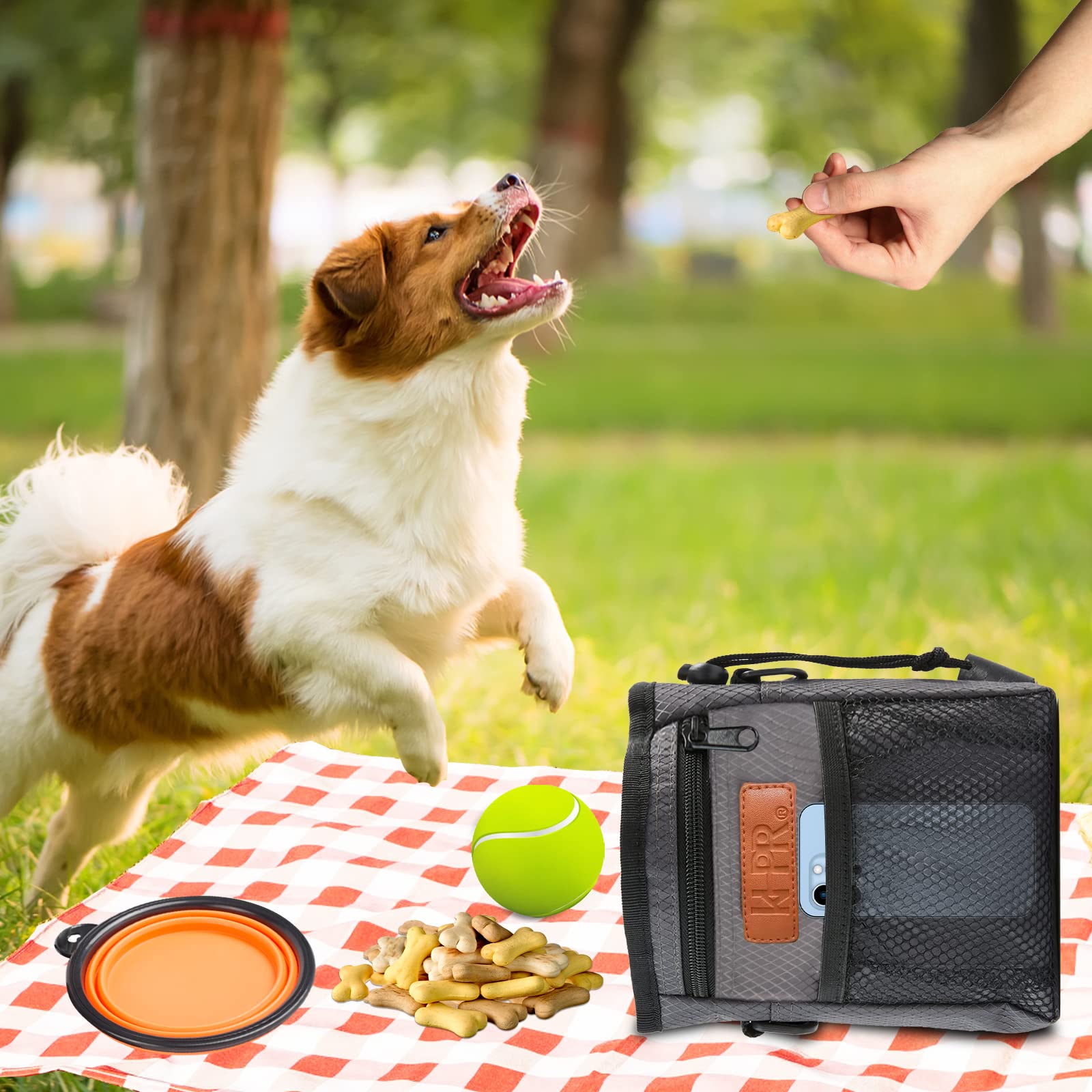 Bolsa de entrenamiento para perros que lleva fácilmente juguetes para mascotas, croquetas, golosinas dispensador de bolsas de excrementos integrado de 3 maneras de llevar, 1 bono (gris)