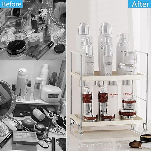 Miniatura 5 de FSyueyun Organizador de estante de maquillaje de 2 niveles, estante de especias de cocina o organizador de encimera de baño, bandeja de