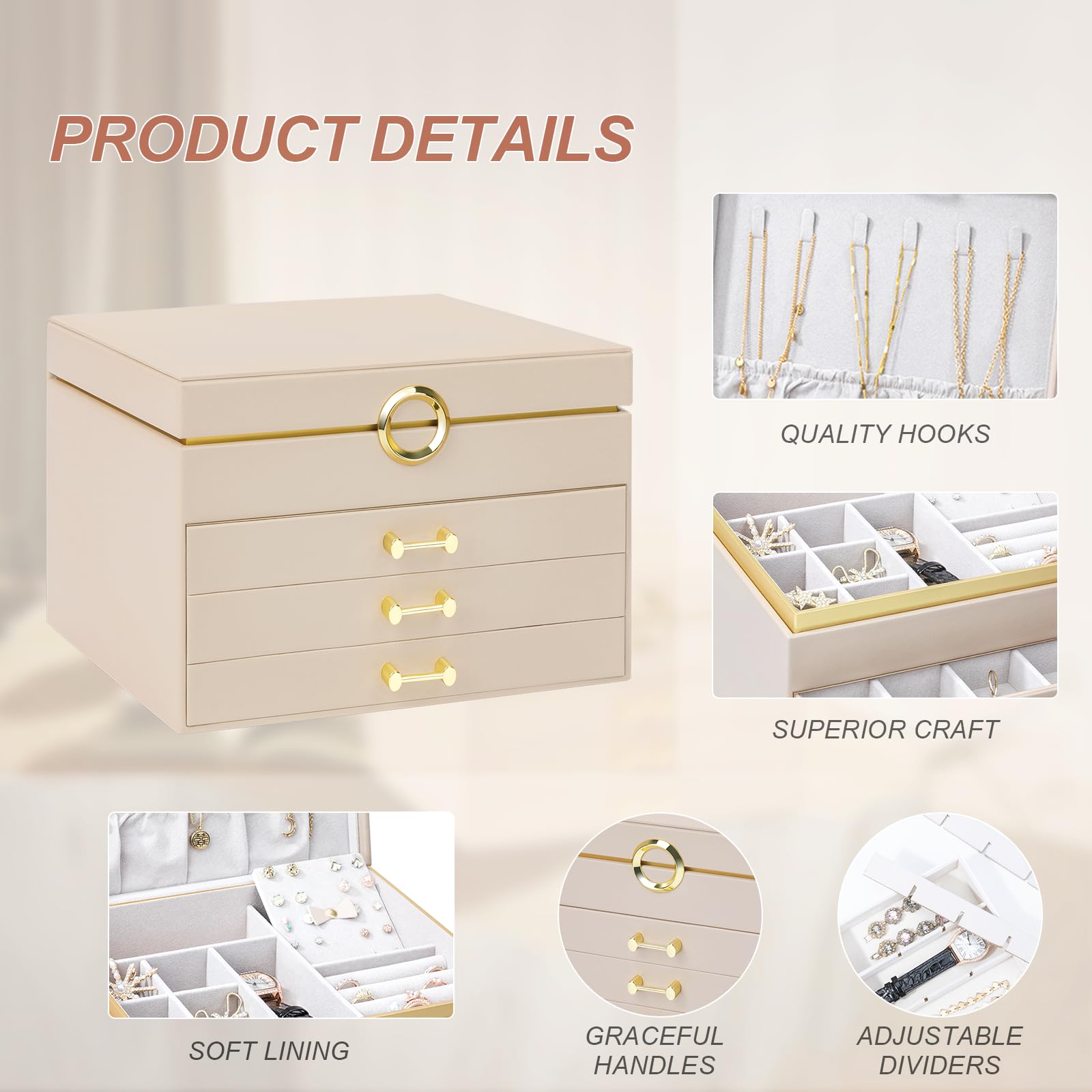 Schmuckschatulle für Damen und Mädchen, 4-lagig, große Schmuckschatullen mit 3 Schubladen, Schmuck-Aufbewahrungsbox für Ohrringe, Armbänder, Halsketten