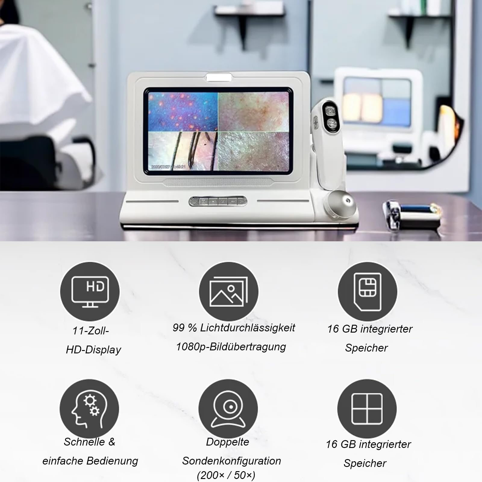 2026 Haut und Kopfhaut Analysegerät 11 Zoll HD Display Haar Kopfhaut Kamera 200x und 50x Vergrösserung UV Licht Polarisationslicht Vier Bilder Vergleich Haarfollikel Detektor Profi Salon Klinik