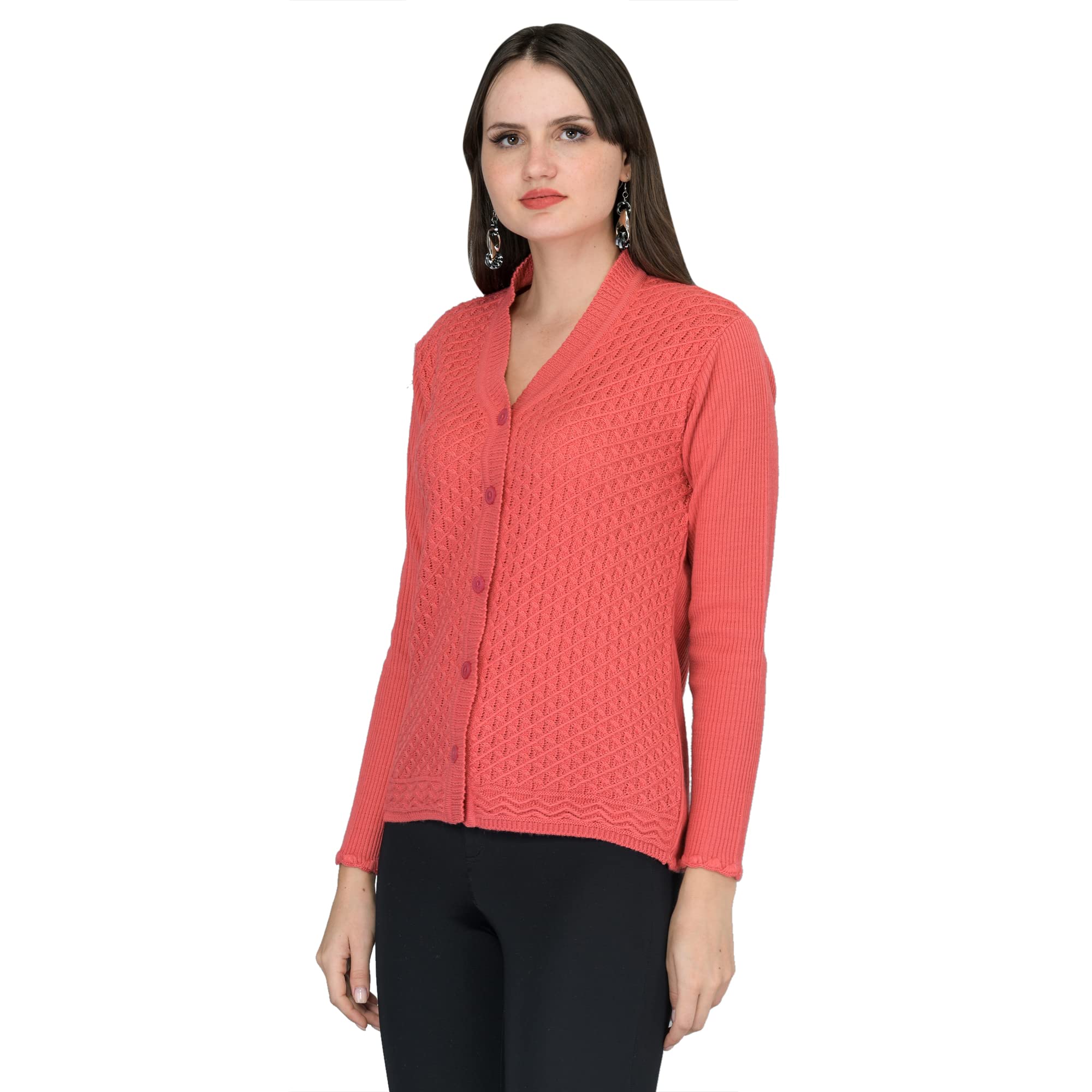 LADY WILLINGTON Women's Woolen V-Neck Cardigan - Heavy Daffodil Fabric Winter Wear Pure Wool Long Cotty Fully Warm Cardigan for Women (Small, Peach)-picture-23