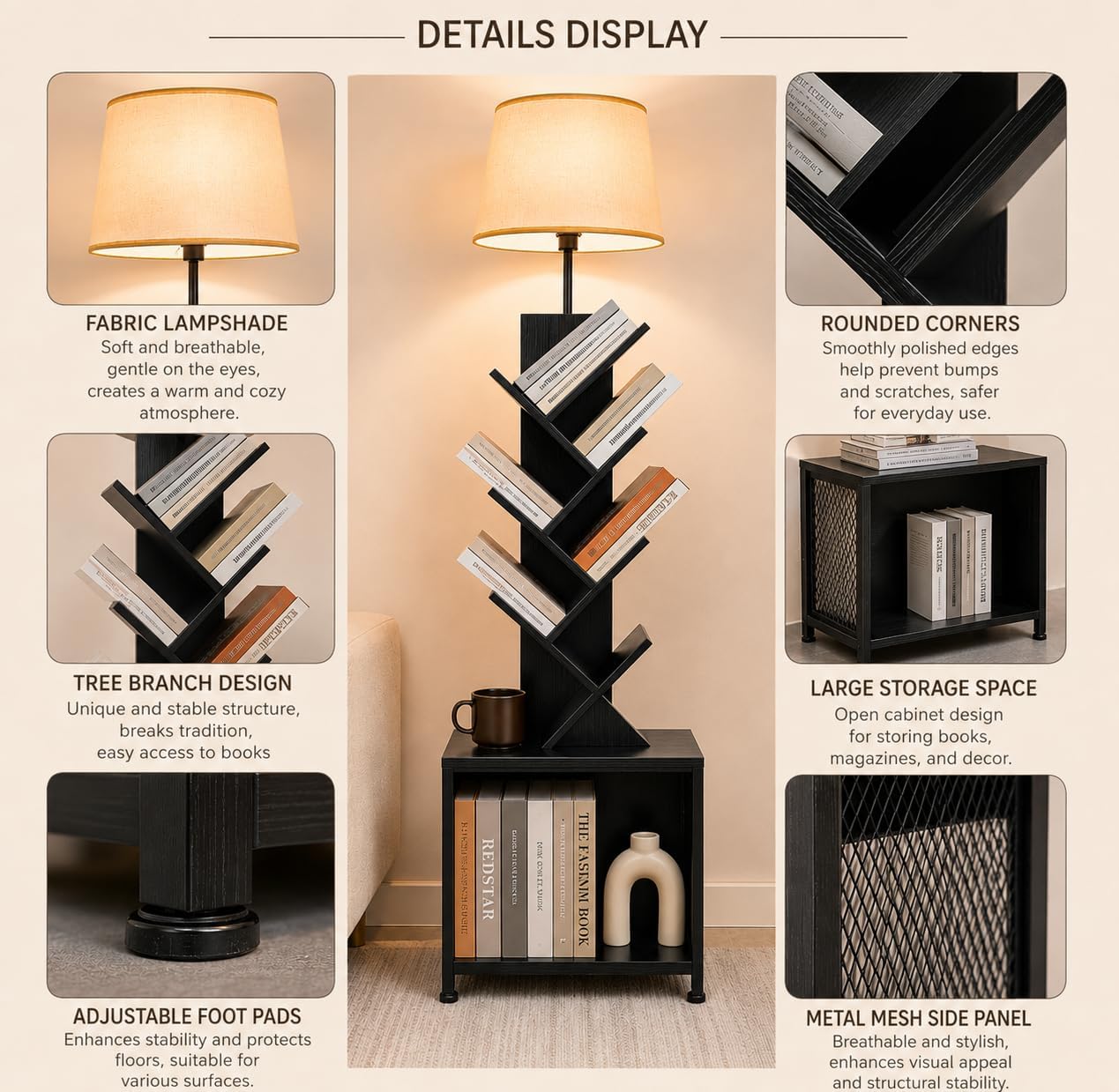 3in1 Tree Bookshelf Bookcase with Storage Cabinet, 62" Tall Reading Light with Unique Oval Fabric Shade & 8-Tier Book Organizer, Modern Standing Lamp for Living Room, Bedroom, Office (Black)