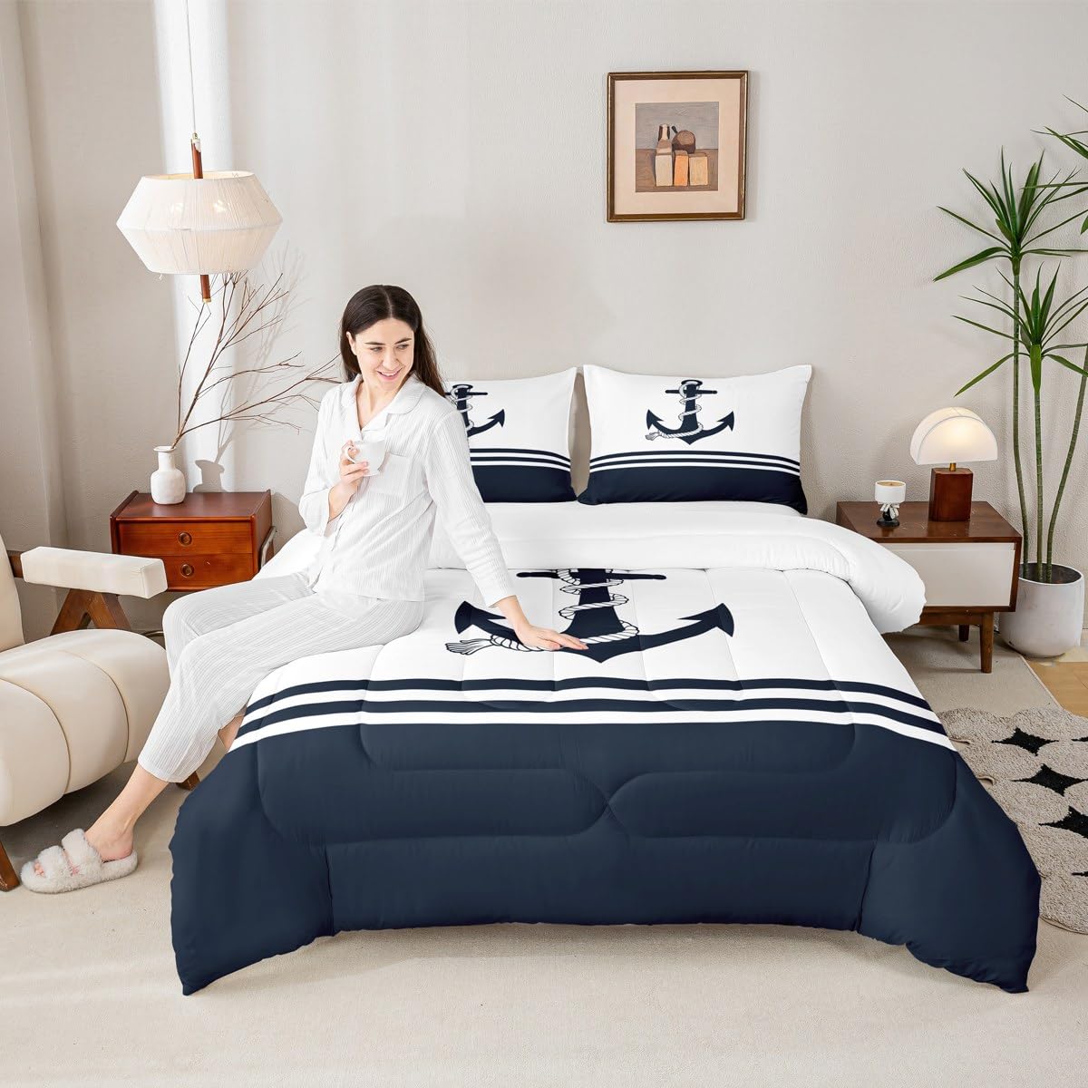 Castle Fairy Nautical Anchor Comforter Set Twin Size,Ocean Themed Anchor Print Bedding Set for Kids Boys Men,Stripes Geometric Navy White Quilted