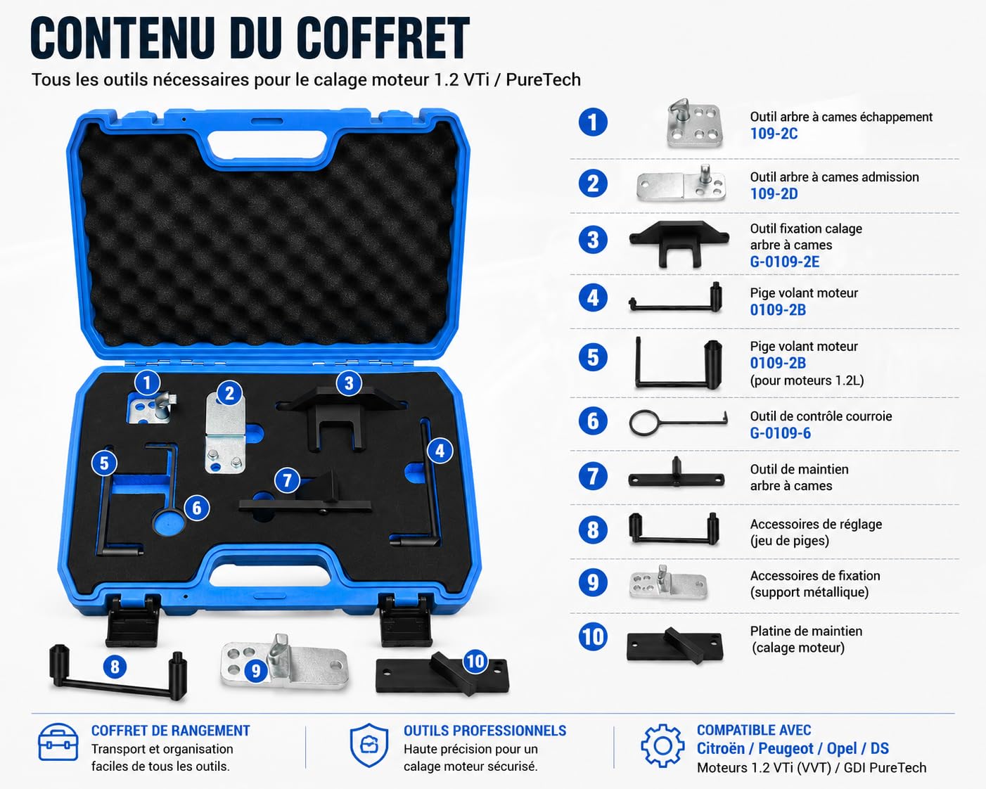 Kit Calage Distribution 1.2 VTi GDI PureTech Essence, Outil Réglage Distribution Compatible avec Citroën Peugeot Opel DS, Moteur 3 Cylindres, 109-2C 109-2D 0109-2B G-0109-2E G-0109-6