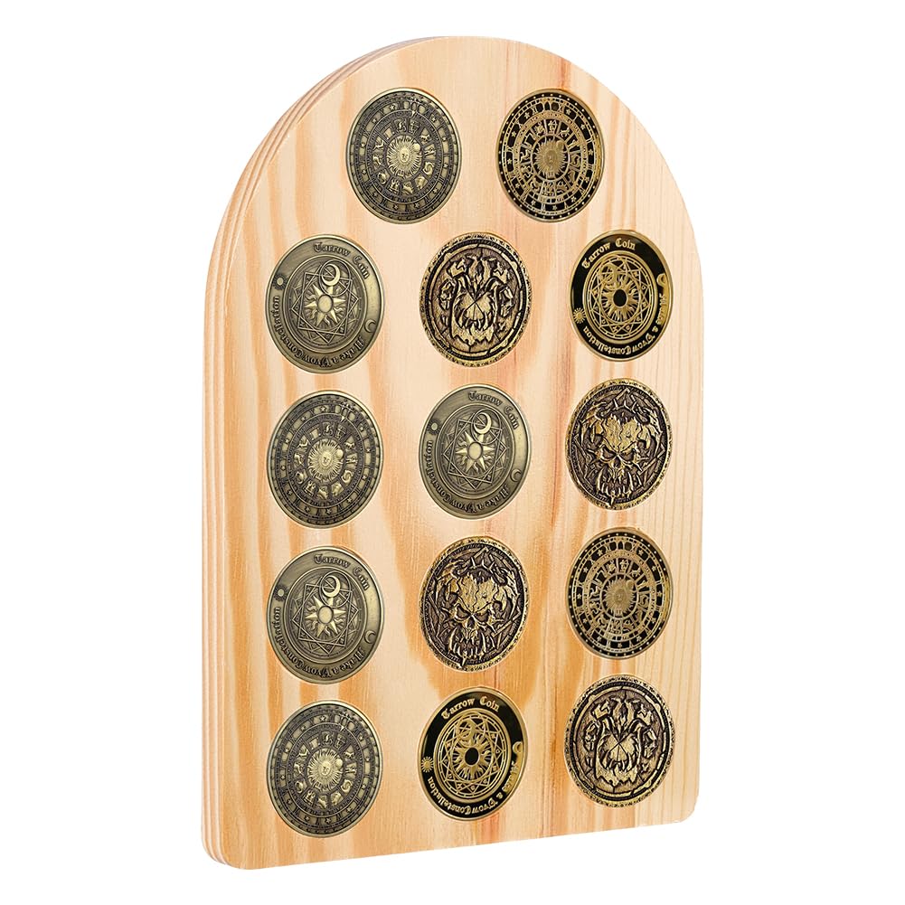 FINGERINSPIRE 14 Holes Wood Coin Display Boards 15x21cm Wheat Color Arch Shape Challenge Coins Display Holder Wooden Collectible Coin Holder Board for Collection Storage Organization