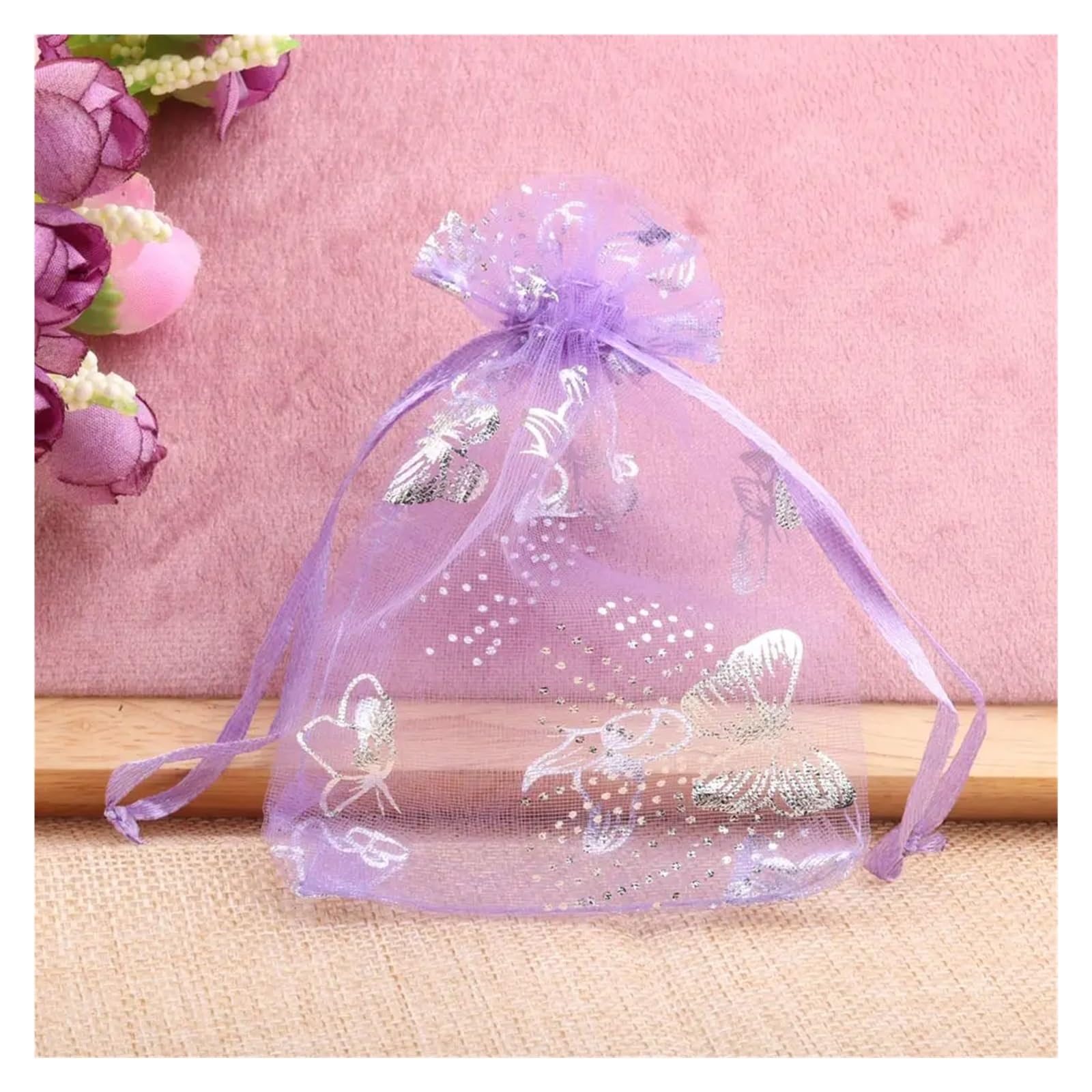 Pochon Tissu Lot de 50 sachets Cadeaux en Organza avec Motif Papillon et Cordon de Serrage(8light Purple,13x18cm)