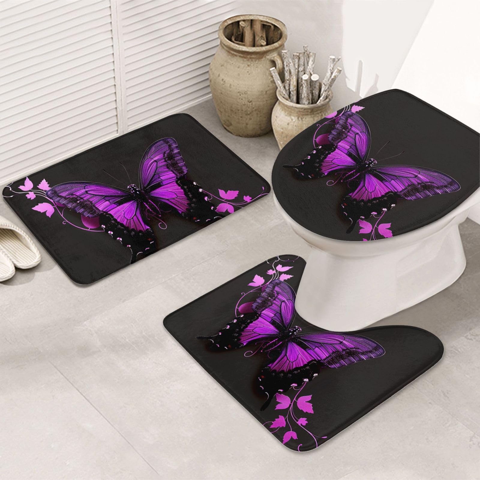 Lot de 3 tapis de bain antidérapants et absorbants en flanelle avec motif papillon violet et noir