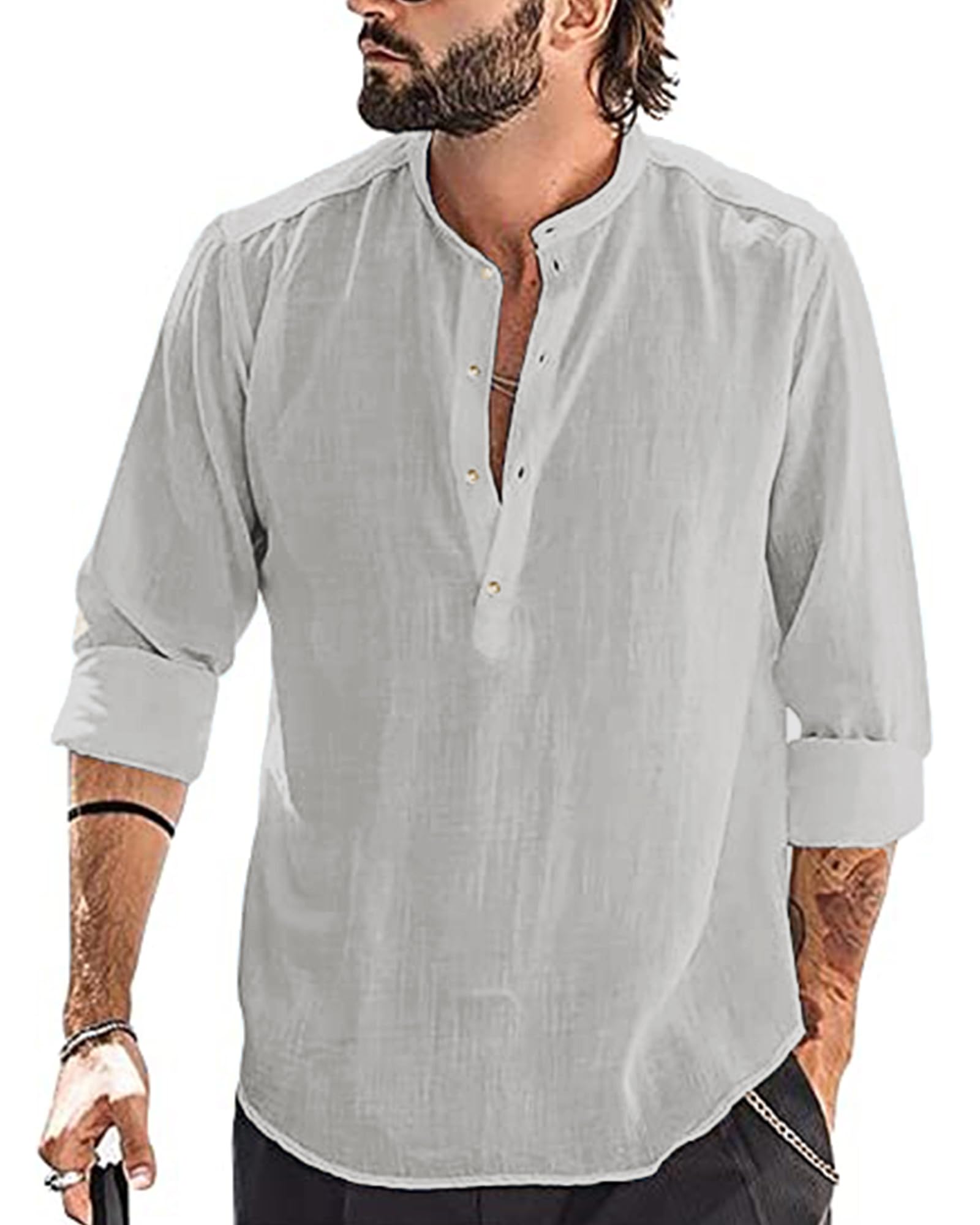 YAOBAOLE Hemden für Männer Herren Hemd Langarm Herren Baumwolle Leinenhemd Henley Shirt Fit Freizeithemd Shirts