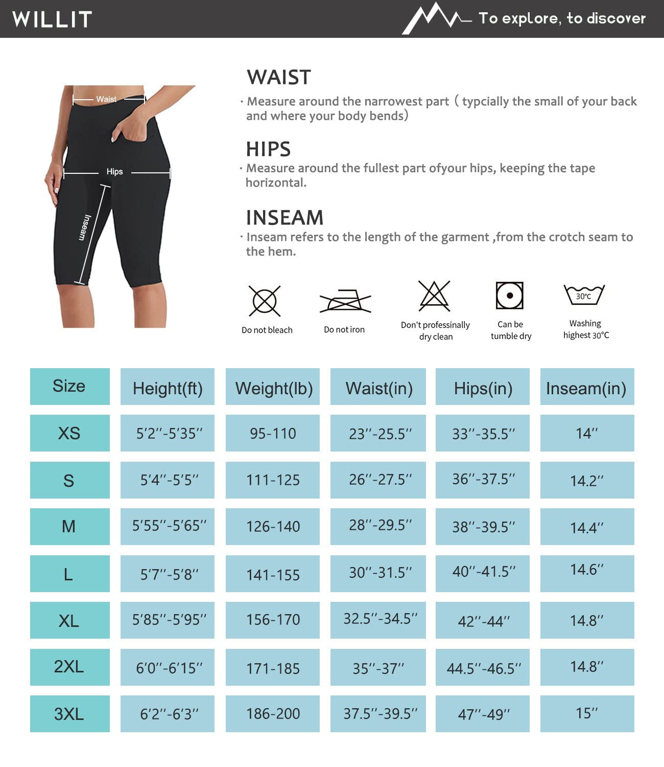 WILLIT Damskie legginsy do kolan Capri z kieszeniami, wysoka talia, spodnie Capris, na lato, do jogi