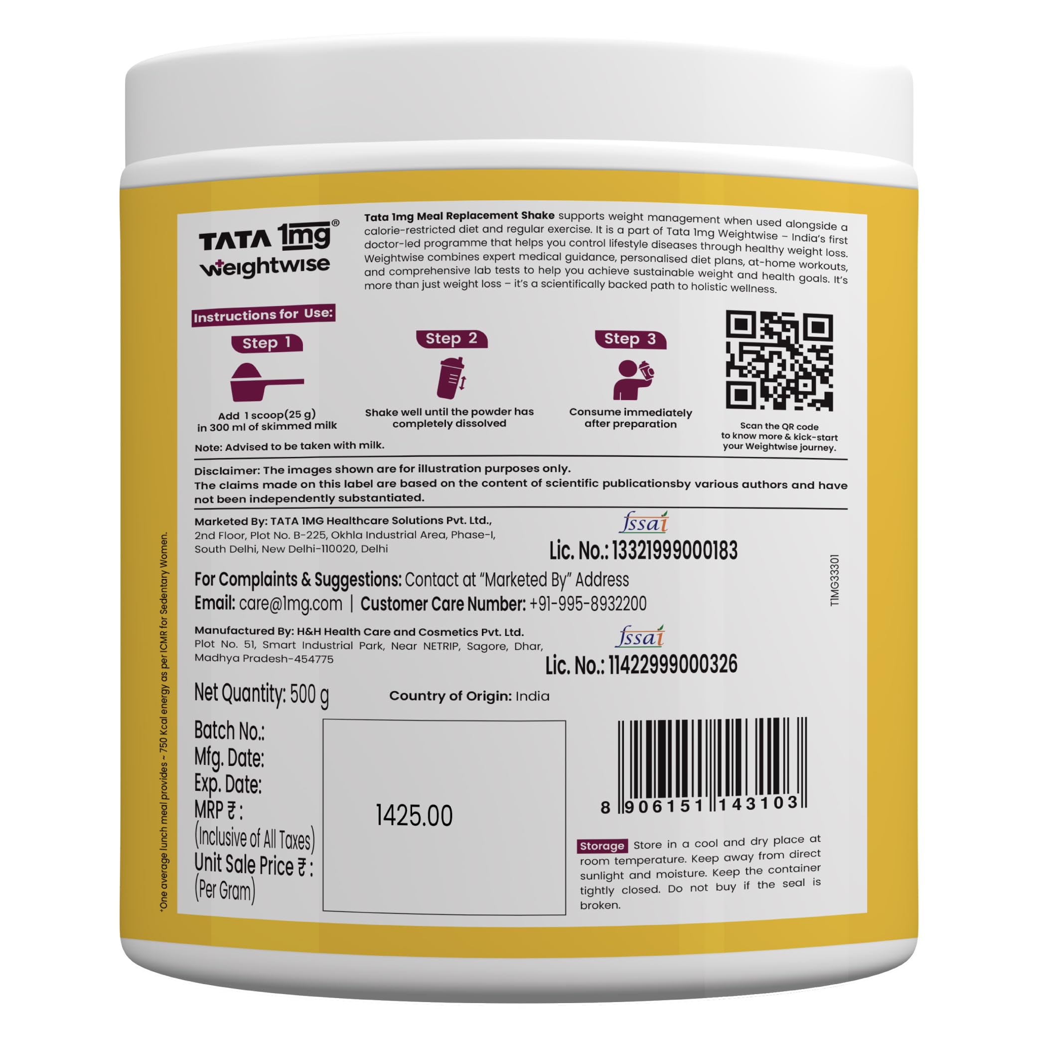 Tata 1mg Meal Replacement Shake – Vanilla |500g| 20g Protein, 20 Vitamins & Minerals, Psyllium Husk | 72% Fewer Calories | Weight Management | — Amazon image 3