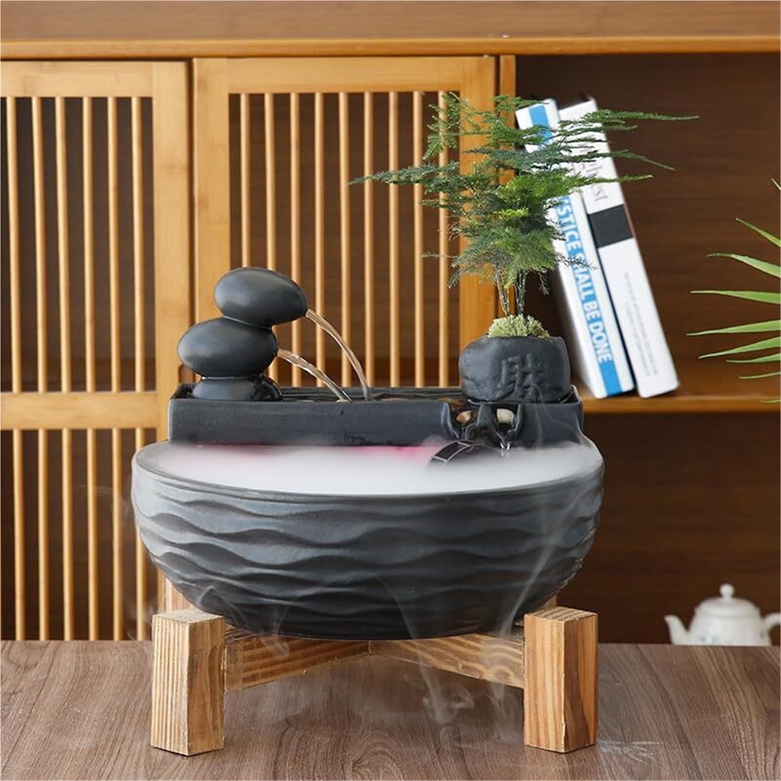 Fuente decorativa de jardín, fuente de agua con cascada, de cerámica, diseño de bambú, con iluminación LED, función humidificadora, bomba de agua, Feng Shui Zen, decoración para salón, oficina, jardín