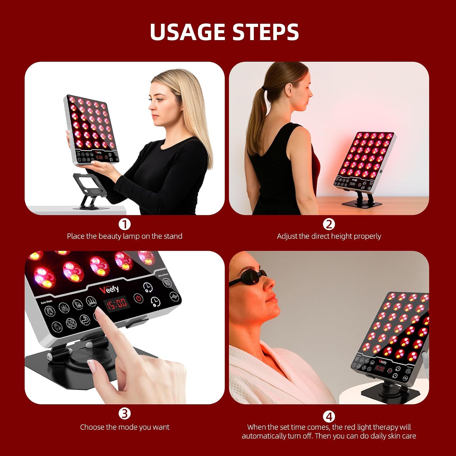 Red Light Therapy Panel for Face & Body – 660nm Red, 850nm Infrared, 590nm Yellow & 415nm Blue LED Light Therapy Device with Timer & Auto/Manual Modes Remote Control