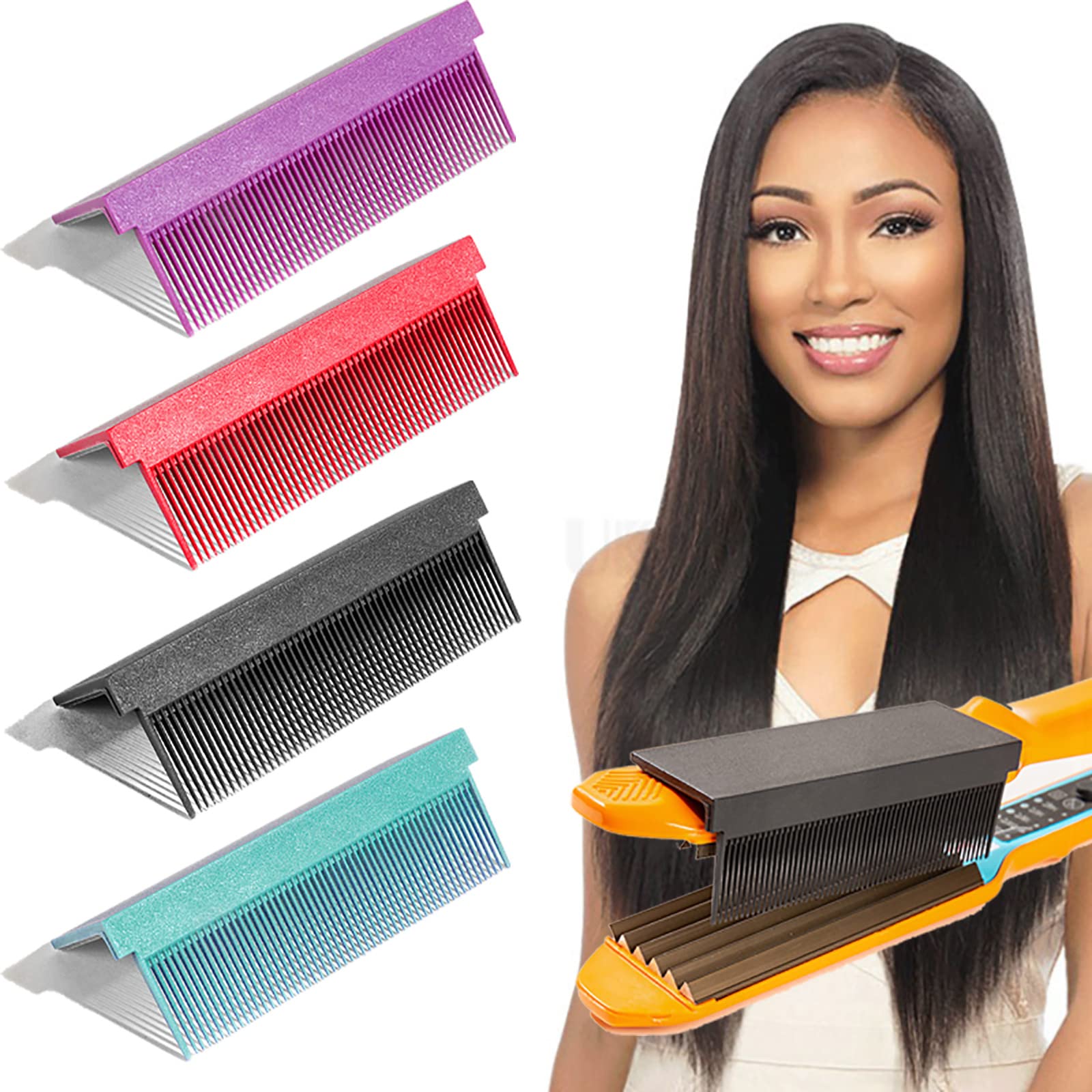 4PC Women DIY Combs Accessories Fit Hair Straightening Flat Iron, Barber Straightening Comb Attachment for Hair Straightening Flat Iron V Type