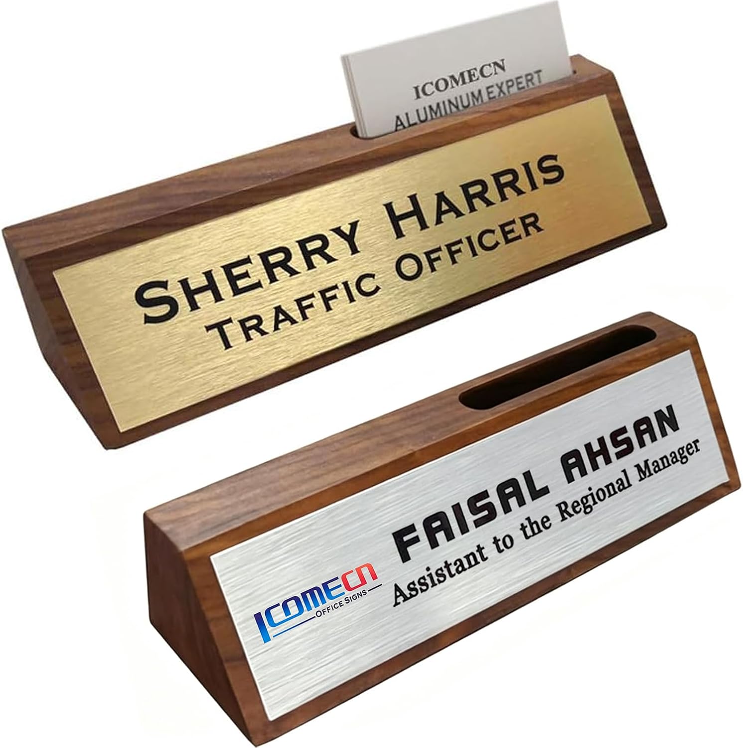 Icomecn Custom Wooden Desk Name Plate Plaque with Business Card 2" x 8"