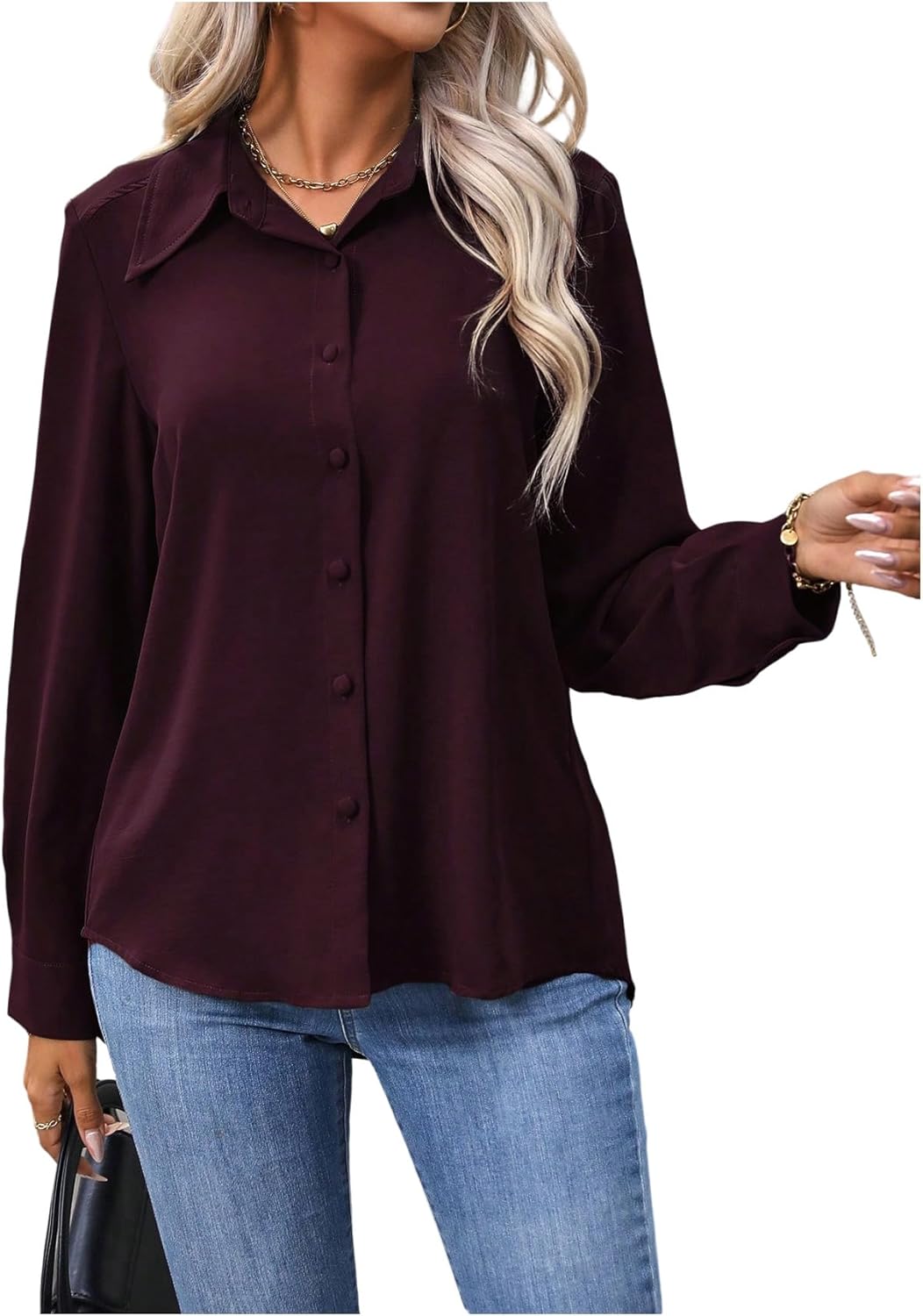 SweatyRocks Women's Button Down Blouses Collared V Neck Long Sleeve Shirts Business Dressy Casual Work Tops - Image 3