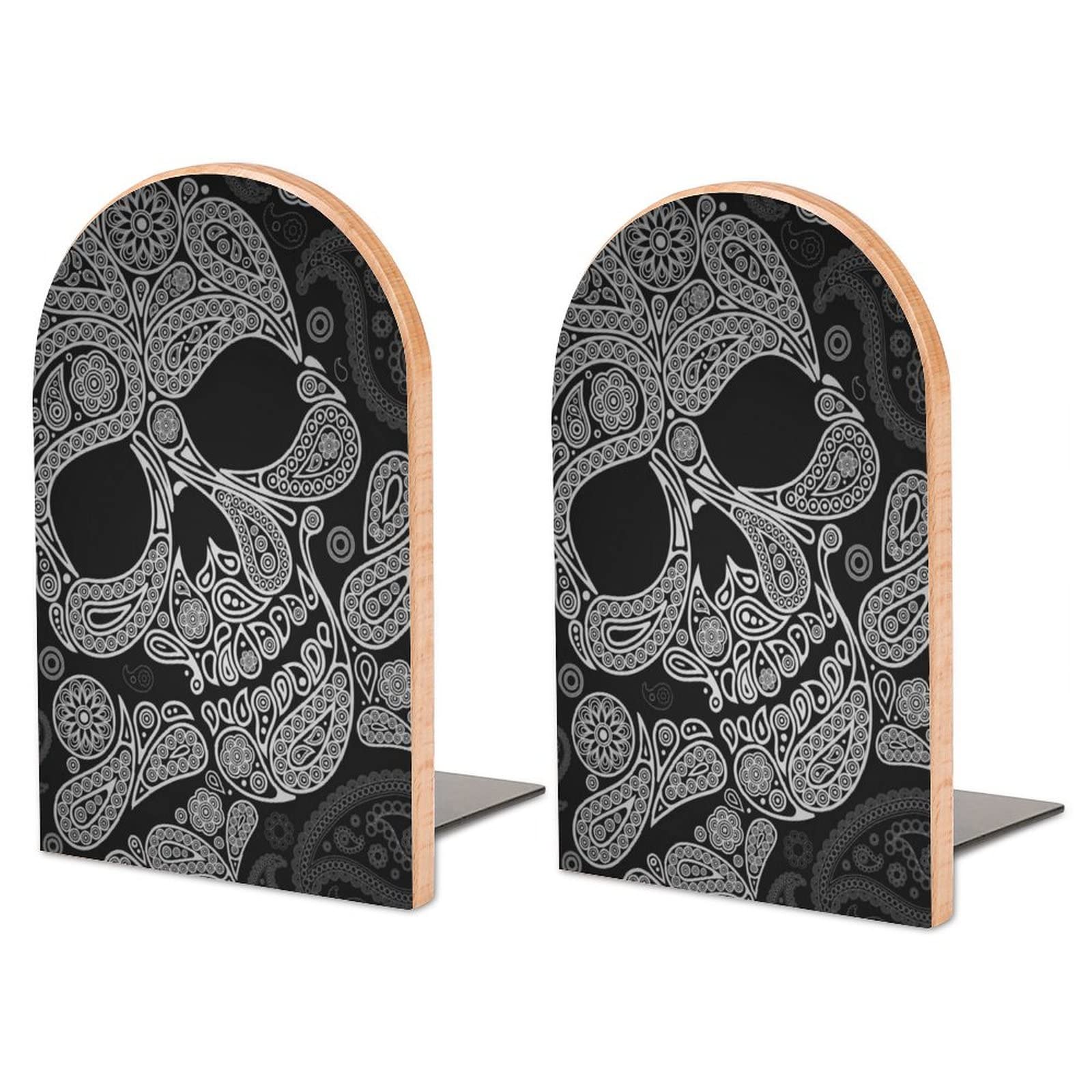 Ethnic Pattern Skull Bookends Heavy Duty Book Stand 1 Pair for Home Office Shelves Decorative
