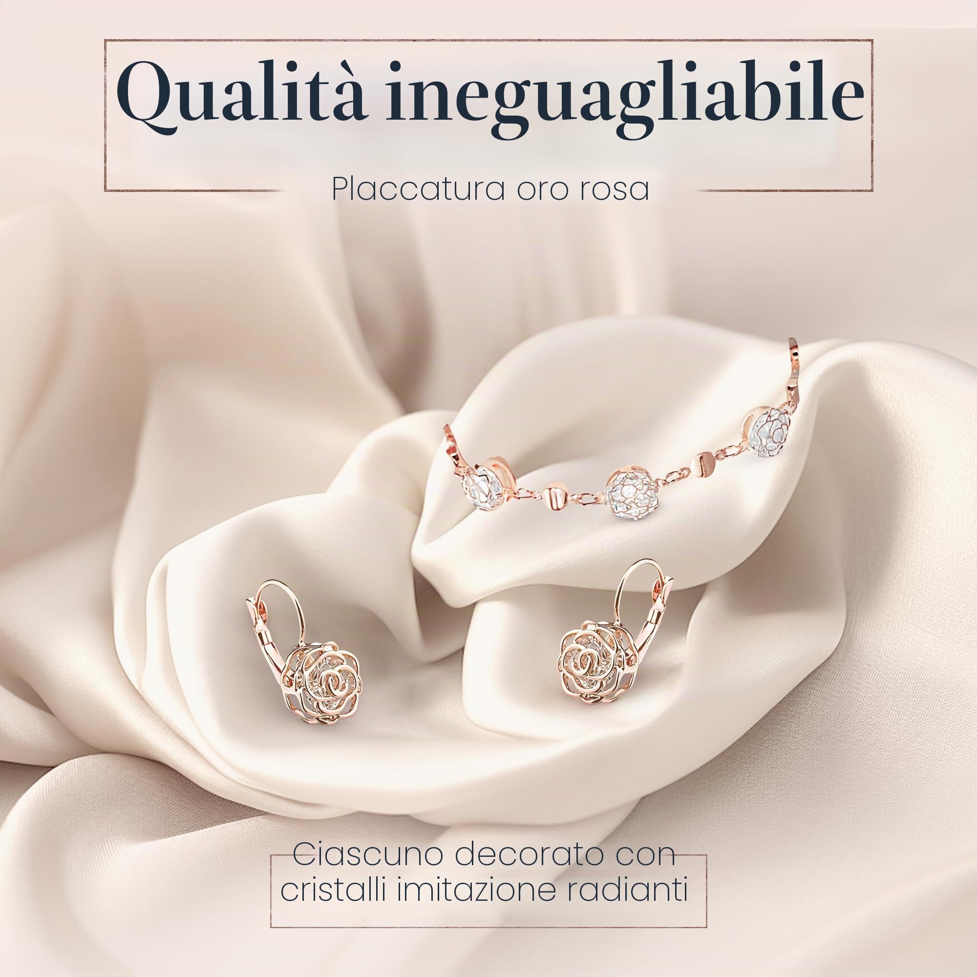 Crystalline Azuria Donna 18ct Placcato Oro Fiori Rose Cristalli Parure Collana Orecchini Monachella Bracciale
