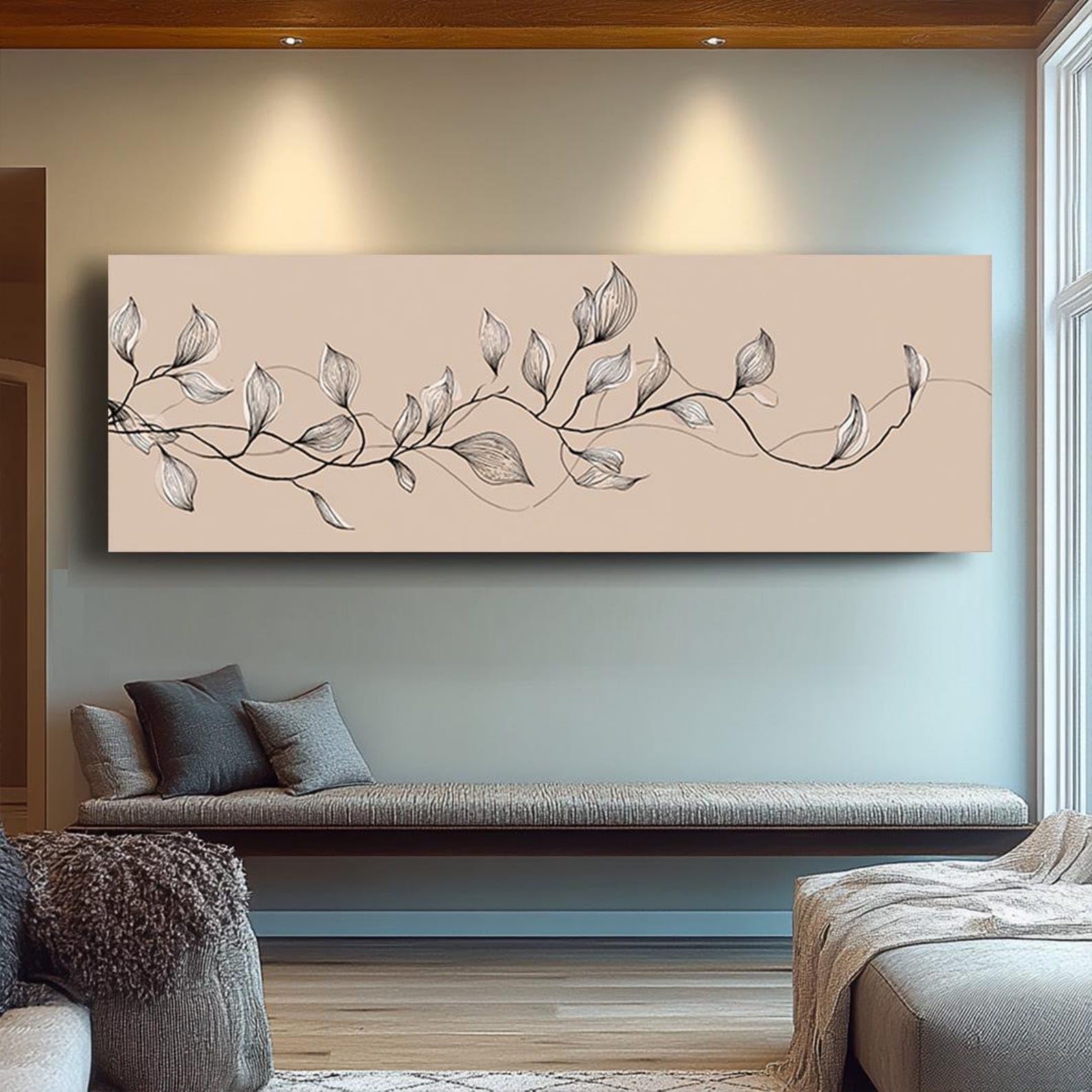 Cuadro con hojas horizontales alargadas, impresión en lienzo alto y delgado con marco, pintura horizontal estrecha para la decoración del hogar, la oficina o los pasillos (55 x 110 cm/sin marco).